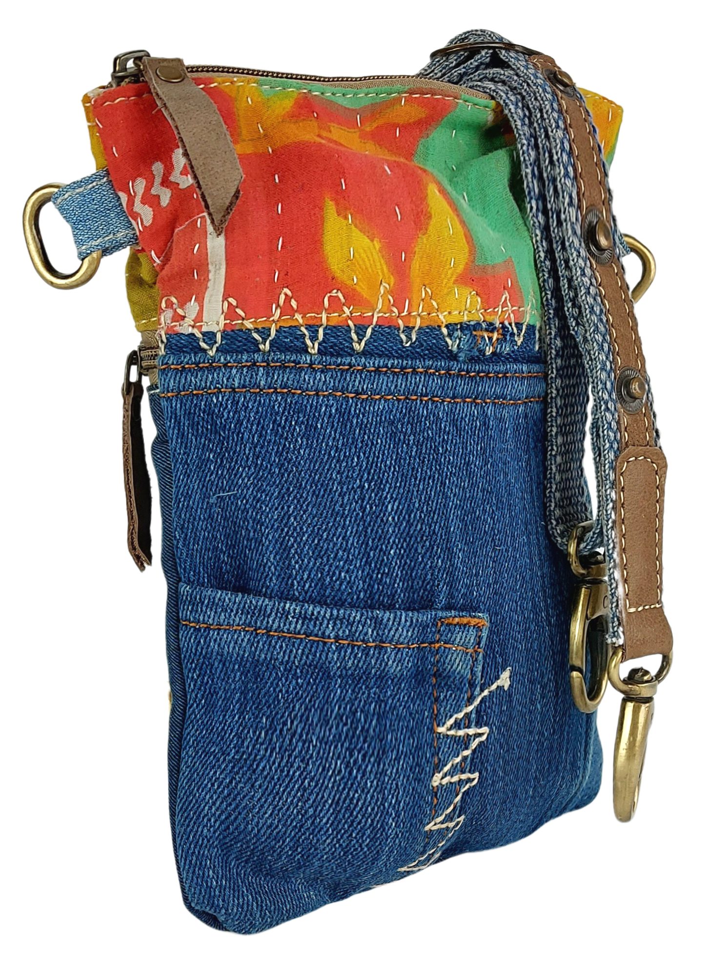 Sunsa Umhängetasche Damen kleine Schultertasche Tasche aus Recycling Jeans & used Sari, Aus recycelten Materialien