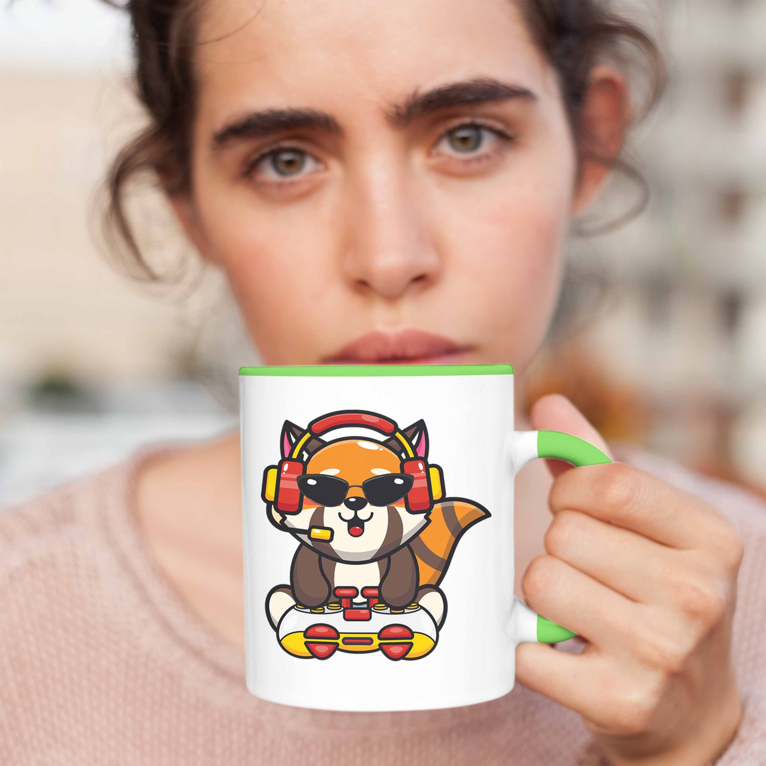 Kinder Tasse Geschenkidee Trendation - Gamer Panda Jungen Grafik Grün Lustige Jungs für Gaming Mädchen Gaming Trendation Tasse