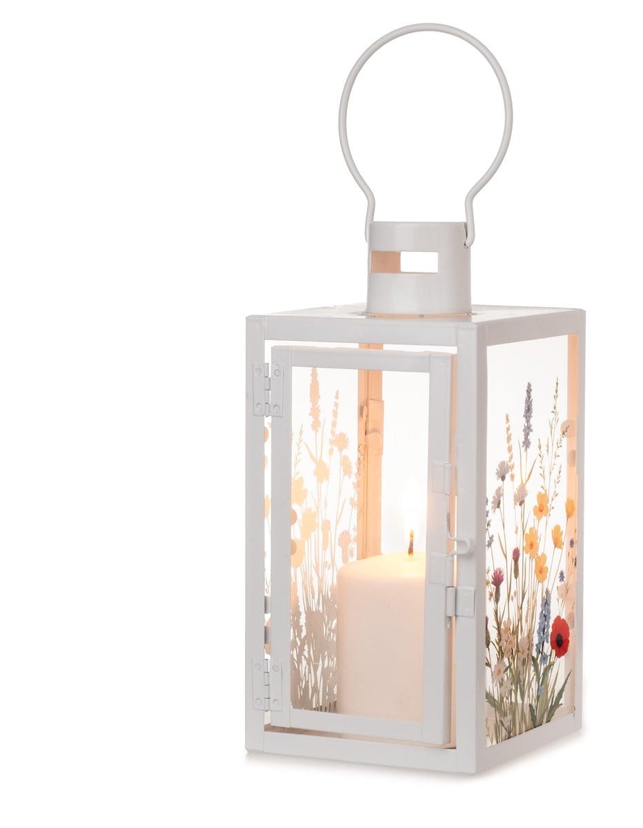 finehomegarden Kerzenlaterne Laterne mit Blütenmotiv Weiß Dekorative Garten- & Wohnlaterne Deko (1 St), aus Metall & Glas für Kerzen H24cm & H34cm 2Größen wählbar