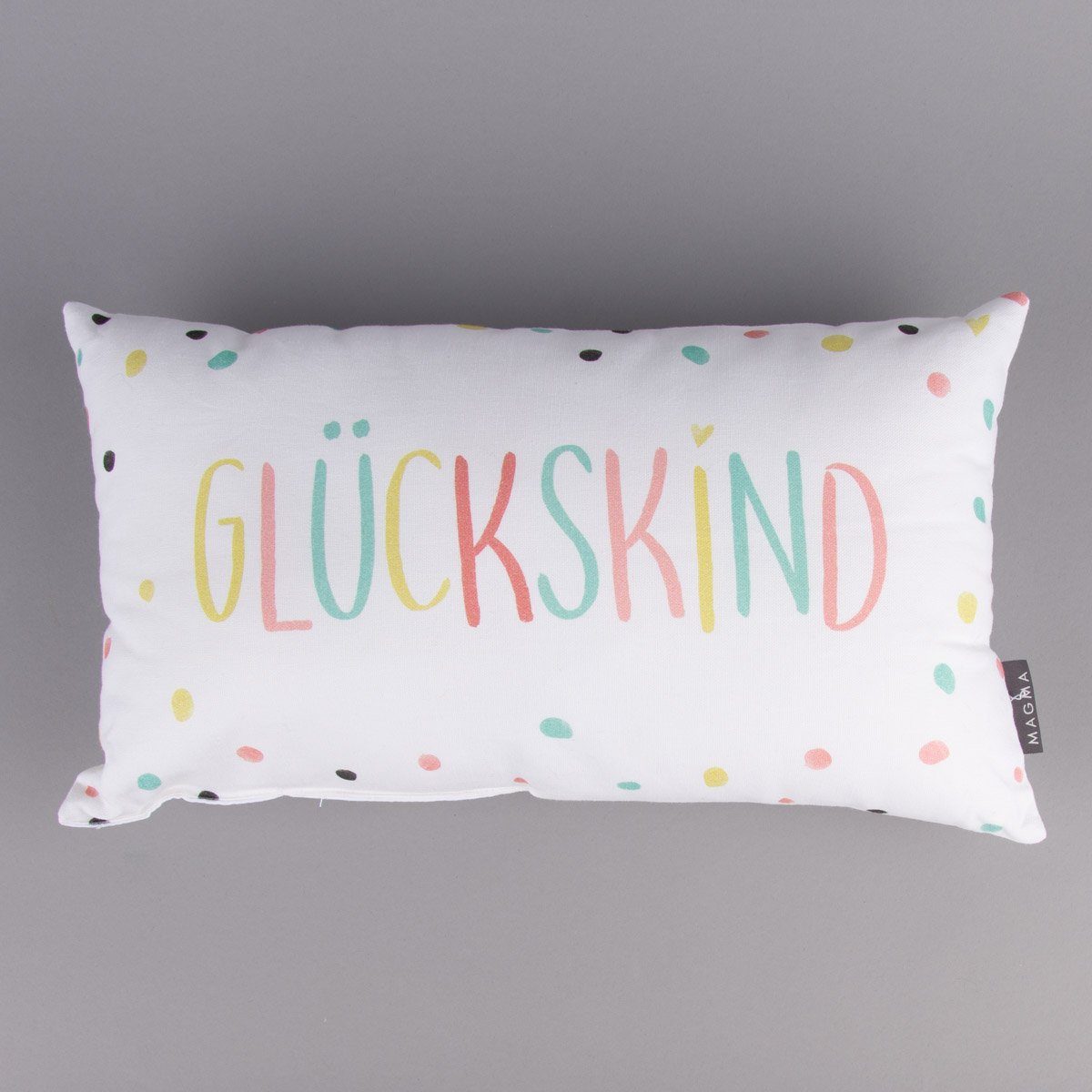 Magma Heimtex Dekokissen Magma Deko Kissen mit Aufschrift Glückskind weiß pastell 30x50cm, pflegeleicht
