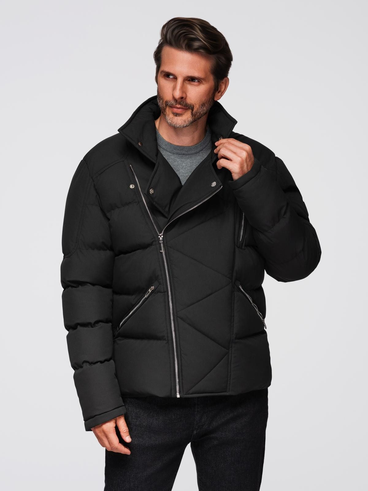 OMBRE Winterjacke Gesteppte Herrenjacke im Bikerstil mit Kapuze günstig online kaufen