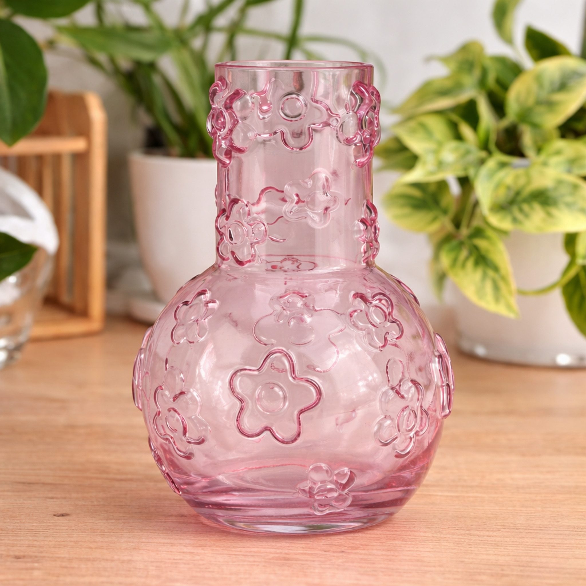 matches21 HOME & HOBBY Dekovase Blumenvase aus Glas in Rosa mit Blumen-Muster in Ø 13 cm (1 St), Hohe Tulpenvase als Frühlingsdeko