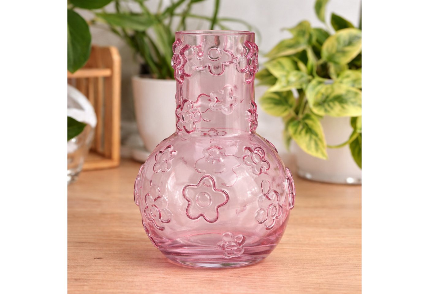 matches21 HOME & HOBBY Dekovase Blumenvase aus Glas in Rosa mit Blumen-Muster in Ø 13 cm (1 St), Hohe Tulpenvase als Frühlingsdeko
