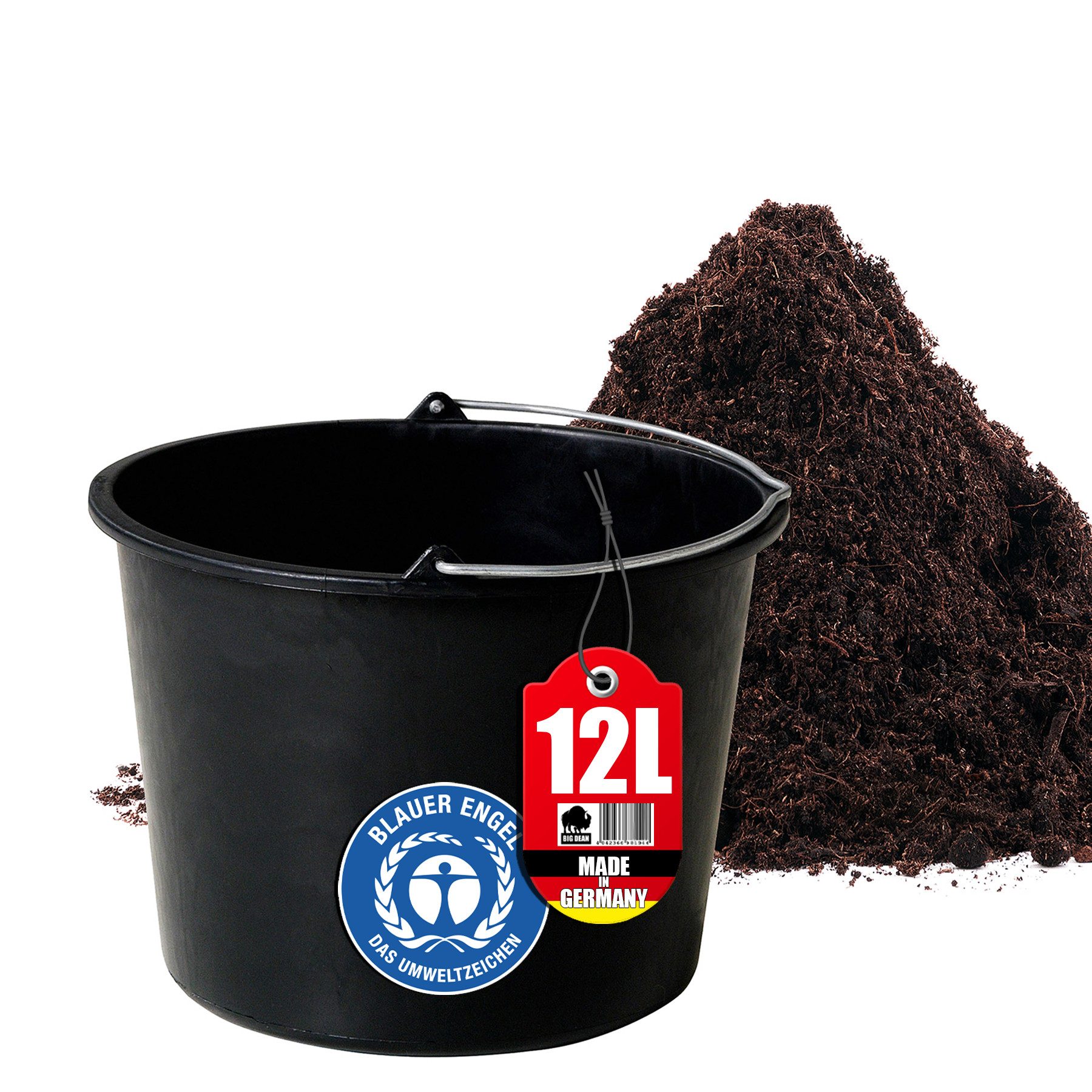 BigDean Mörtelkübel Baueimer 12l Stabiler Garten Mörtel Beton Eimer Made in Germany, (Universal, 1-tlg., Baueimer), Baueimer aus Recyceltem Kunststoff für universelle zwecke