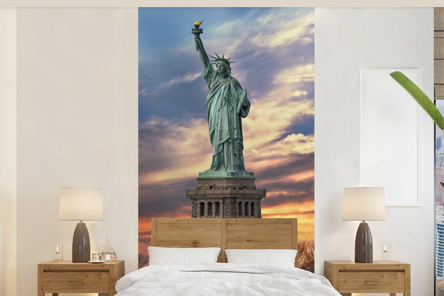 MuchoWow Fototapete Freiheitsstatue in New York bei Sonnenuntergang, Matt, bedruckt, (2 St), Vliestapete für Wohnzimmer Schlafzimmer Küche, Fototapete