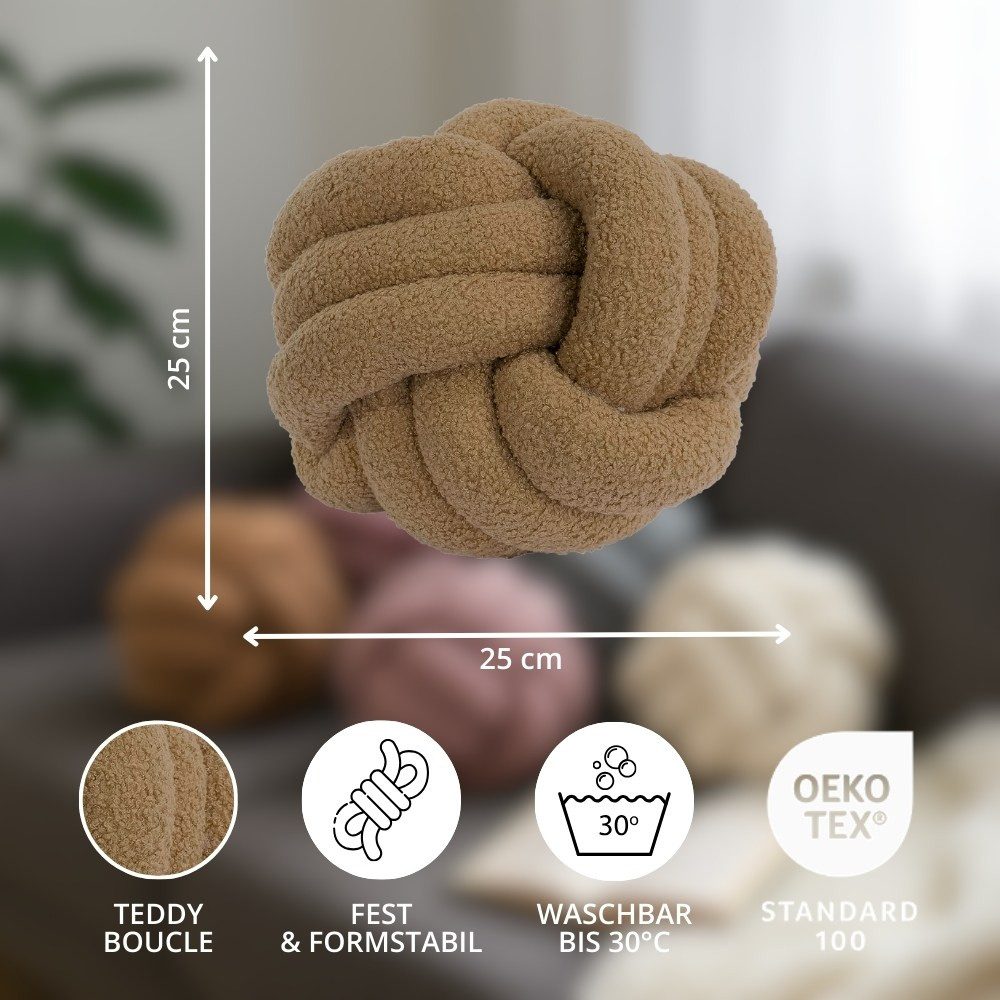 REALLaxx Dekokissen Knotenkissen, runder Knotenball, 25cm, Zierkissen mit modernem Teddy-Bezug