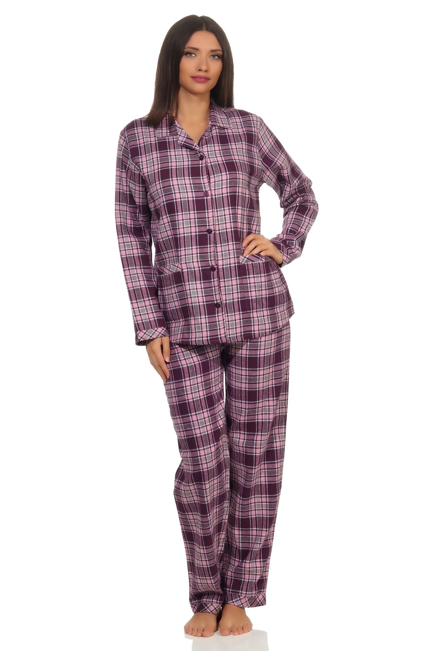 Normann Pyjama Damen Flanell Schlafanzug langarm mit Knopfleiste und Reverskragen