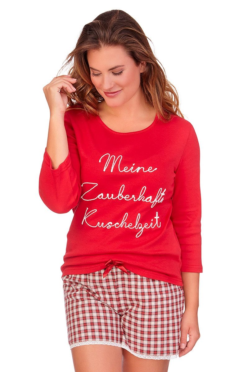Louis & Louisa Schlafanzug Pyjama Damen - KUSCHELZEIT - rot/rot kariert