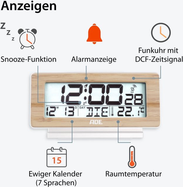 ADE Funkwecker »CK1940« digitaler Funk-Wecker, Bambus-Uhr mit Temperatur- und Wochentag-Anzeige und weißer Display-Beleuchtung, optimal als Tischuhr-Otto