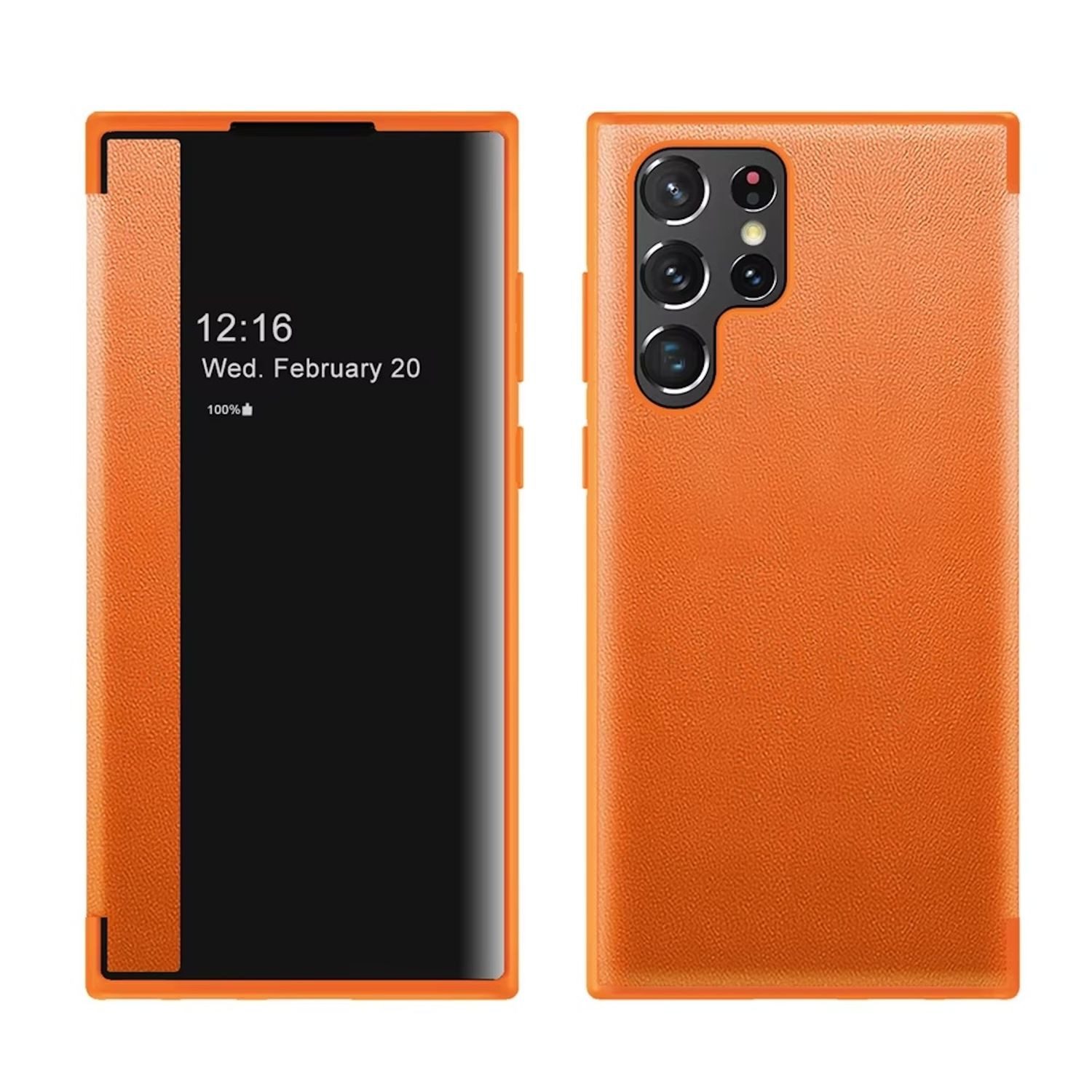 Wigento Handyhülle Für Samsung Galaxy S25 Ultra 5G Mirror View Smart Cover Hülle Orange, Spiegelansicht, Sichtfenster, Kratzschutz