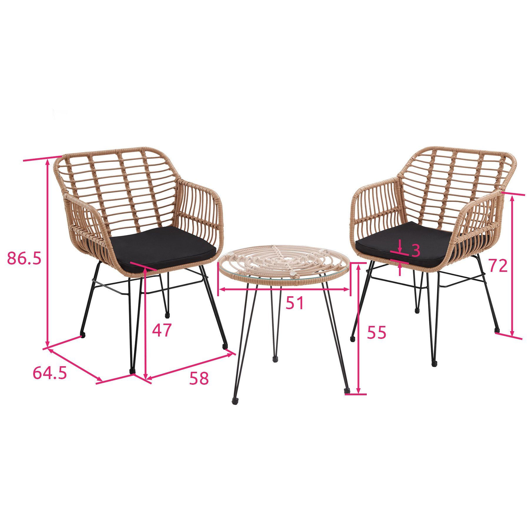 Sitzgruppe (Set, | grau tectake 3-tlg) natur Molfetta,