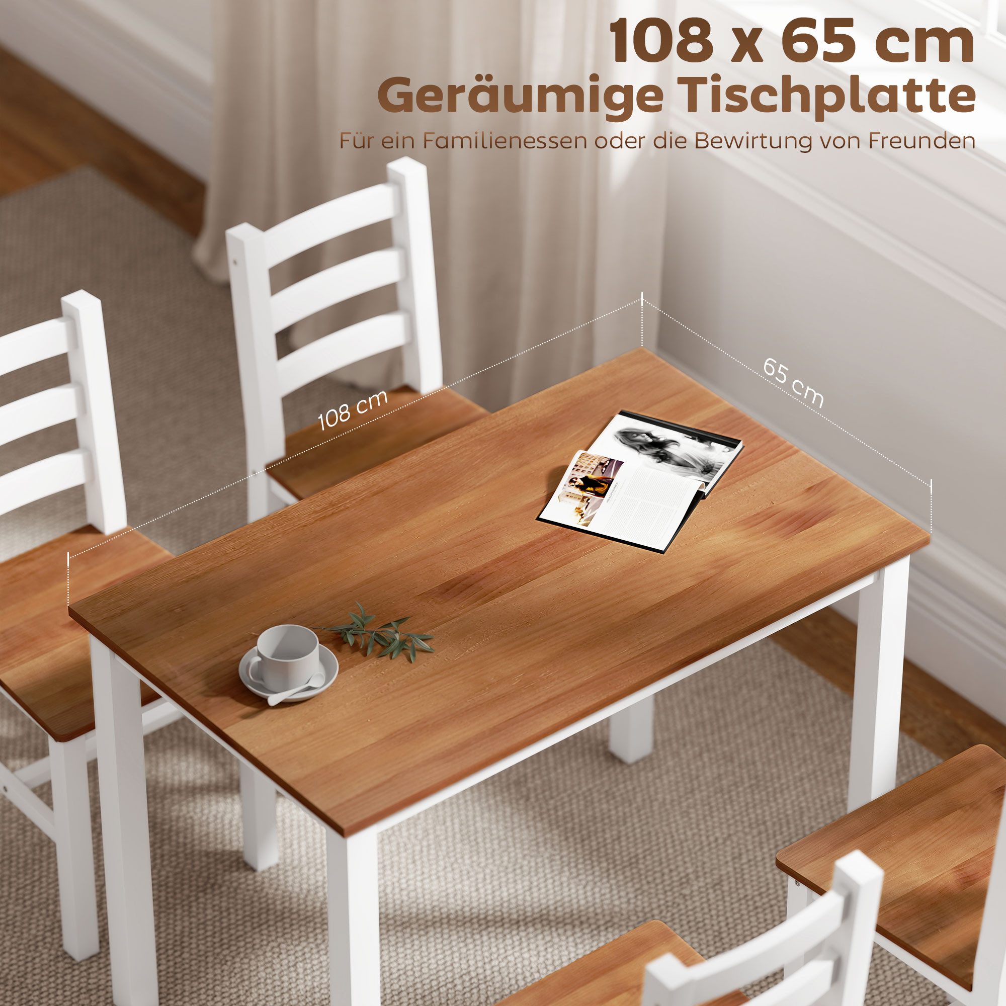 HOMCOM Essgruppe Esstisch mit 4 Stühlen Platzsparend Esszimmergruppe, (Rechteckig Küchentisch-set, 5-tlg., Sitzgruppe aus Kiefernholz), für Esszimmer, Küche, 10 – Bild 4 von 5
