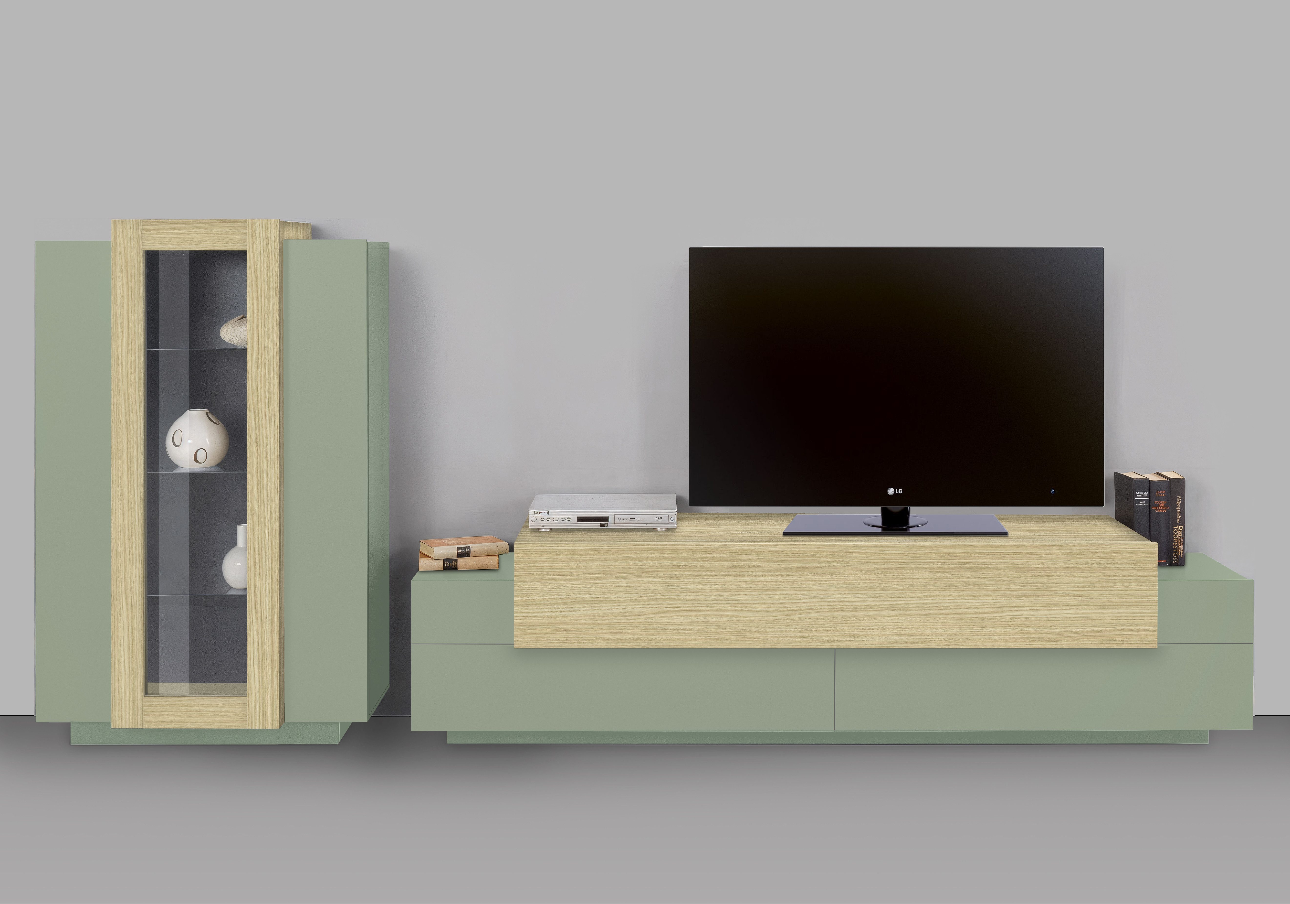 INOSIGN Wohnwand Coro, Anbauwand, Medienwand, (Set, 2-St), Lowboard 4 Fächern Breite 200 cm und Vitrine 3 Двері Breite 80 cm