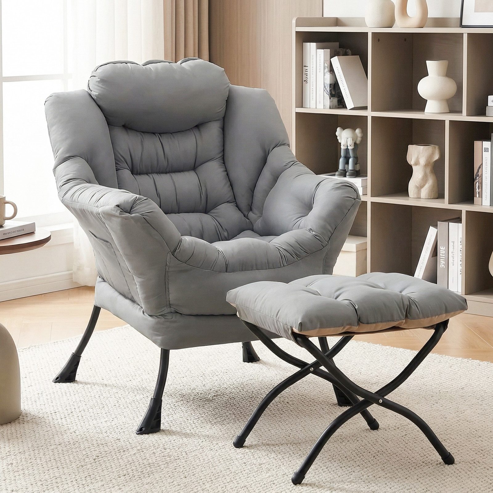 TLGREEN Loungesessel mit klappbarem Fußhocker, ergonomisch Relaxsessel, (Großliegestuhl mit rutschfesten Füßen, Seitentasche und 150 kg Tragkraft, leicht zu reinigendes Material), ideal für Wohnzimmer, Schlafzimmer und Arbeitszimmer