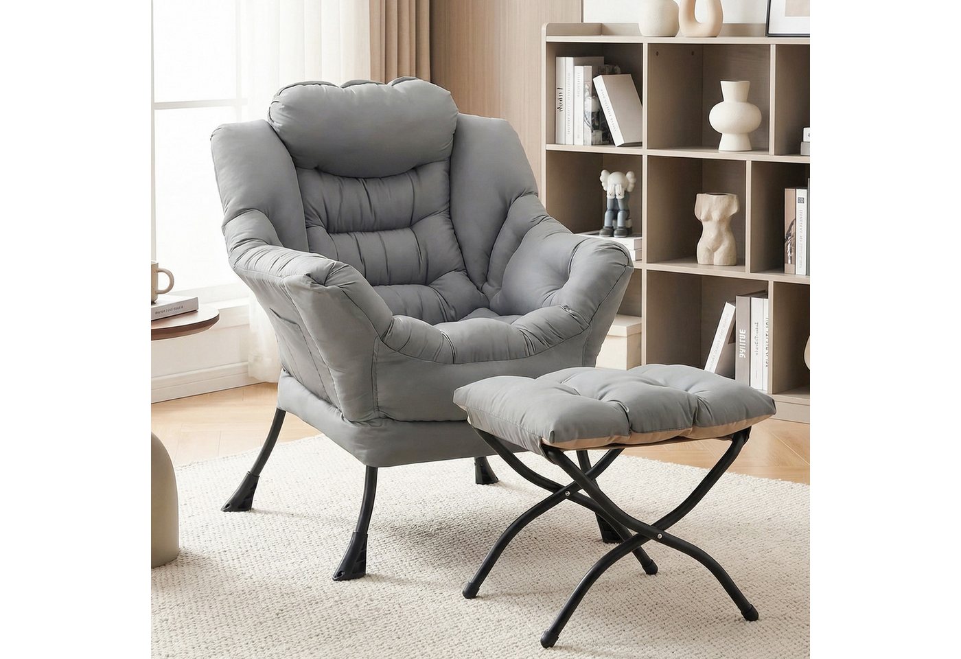 TLGREEN Loungesessel mit klappbarem Fußhocker, ergonomisch Relaxsessel, (Großliegestuhl mit rutschfesten Füßen, Seitentasche und 150 kg Tragkraft, leicht zu reinigendes Material), ideal für Wohnzimmer, Schlafzimmer und Arbeitszimmer