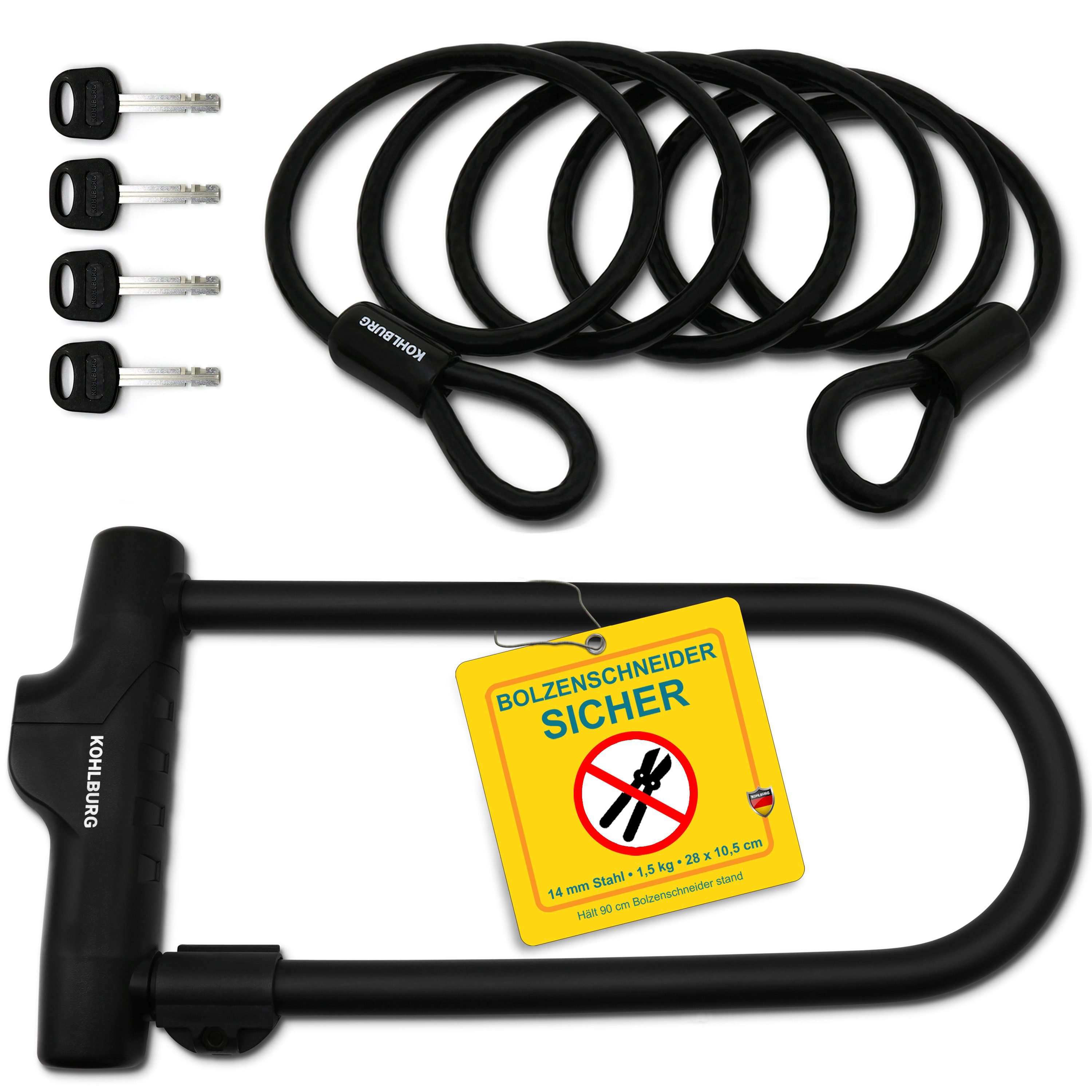 KOHLBURG Bügelschloss [höchste Sicherheitsstufe 15/15] mit extra 170 cm Kabel & Halterung, Großes Bügel Fahrradschloss mit Halterung für E-Bike & Fahrrad