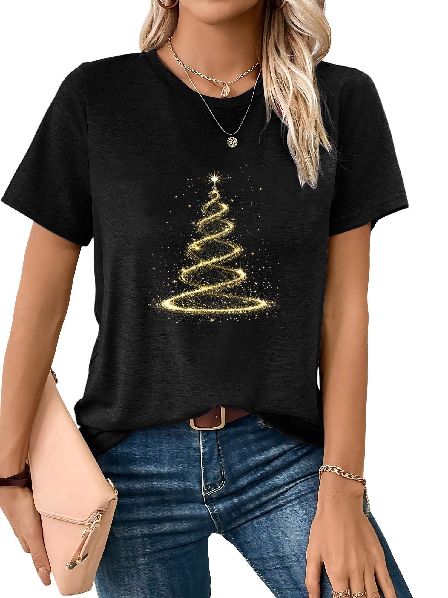 PYLIKE Print-Shirt Damen bequemes Kurzarmbluse Festlich Weihnachtsbaum Prin günstig online kaufen