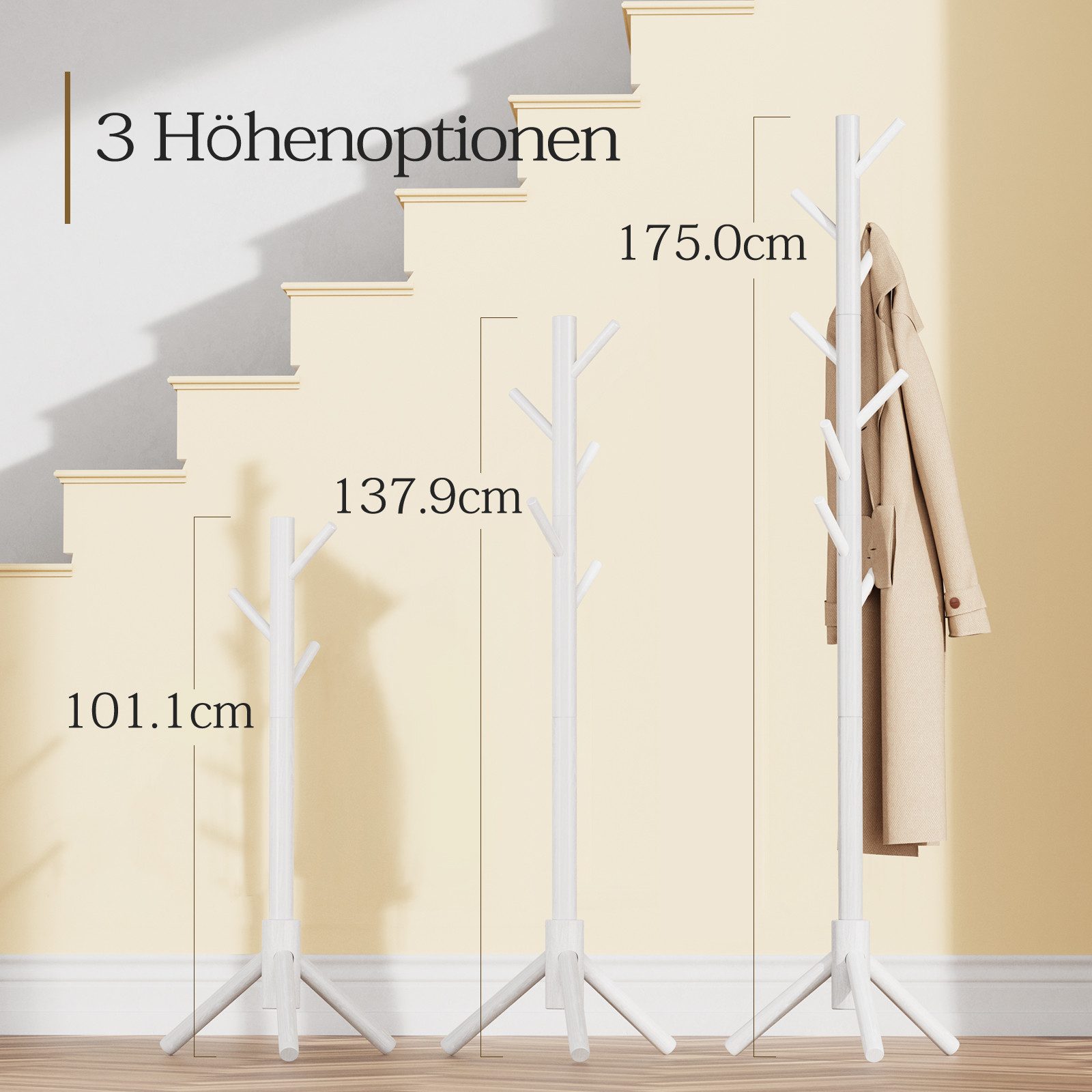 PIPISHELL Garderobenständer Höhenverstellbarer Garderobenständer mit 8 Haken, (drei höhenverstellbaren Stufen 100/137/175 cm), standfester Jackenständer für Flur, Schlafzimmer, Büro