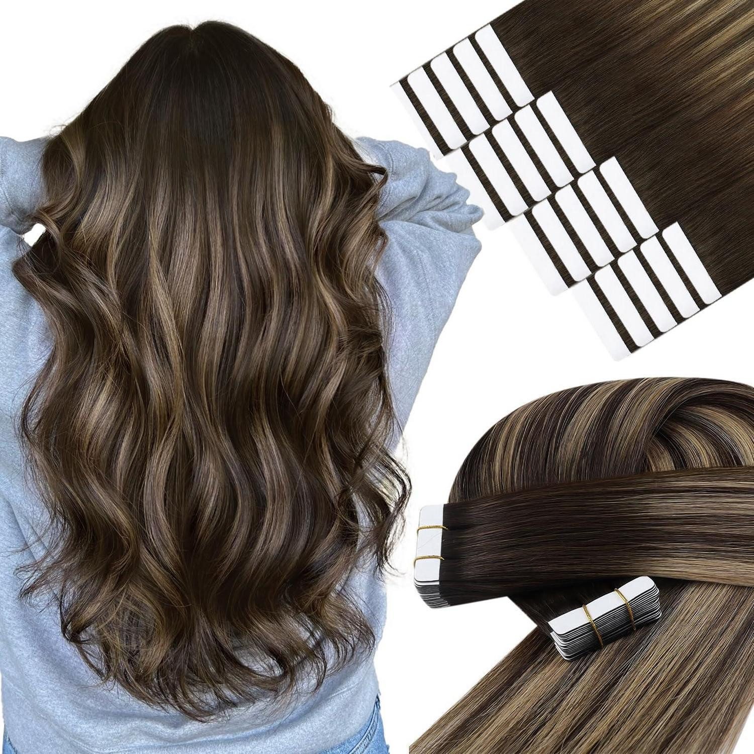 LuxusKollektion Echthaar-Extension Tape Extensions Echthaar Ombre Dunkelbraun Blond Remy 35 cm 4-#4 27 4