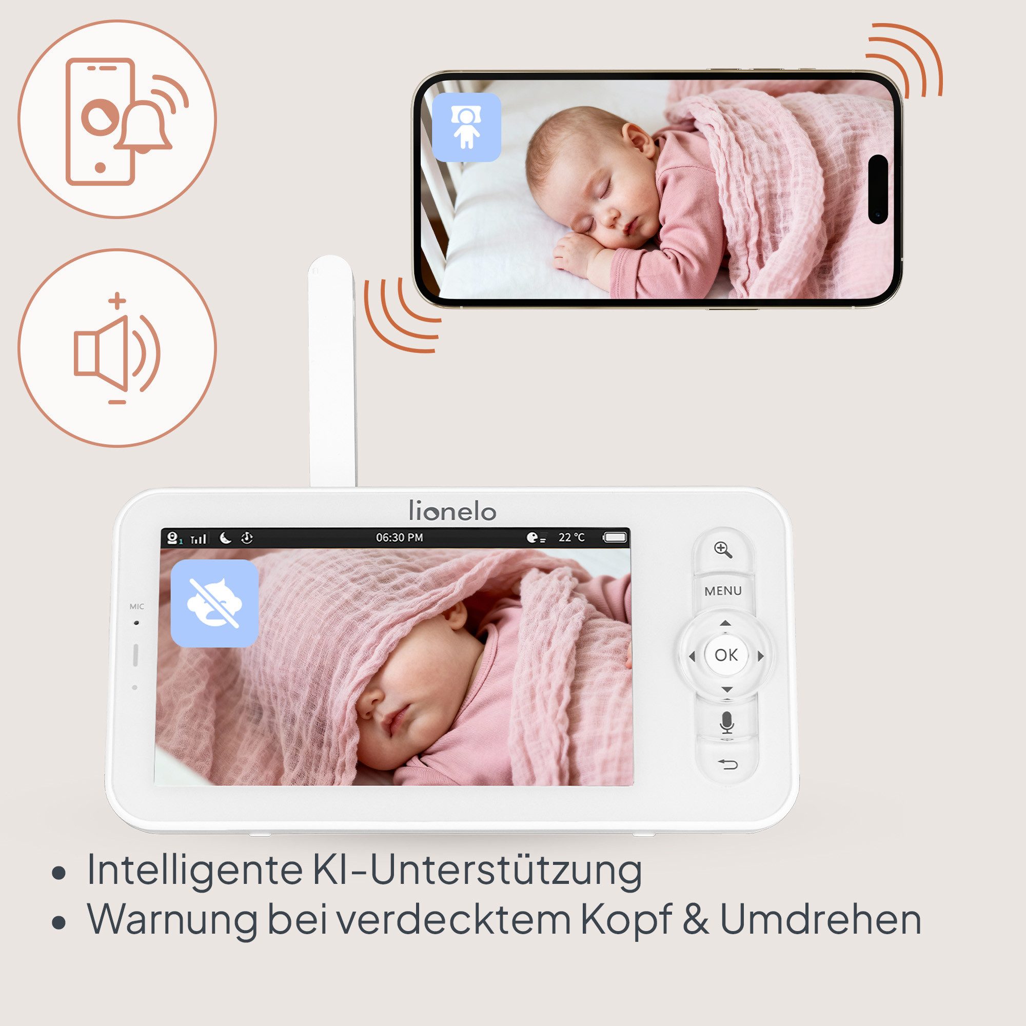 lionelo Video-Babyphone BABYLINE 9.2 AI, Set, AI-Kamera + 5" Monitor + USB-C + Netzteil, AI-Kamera/5Zoll/DualBand/Nachtlicht/Tracking/VOX