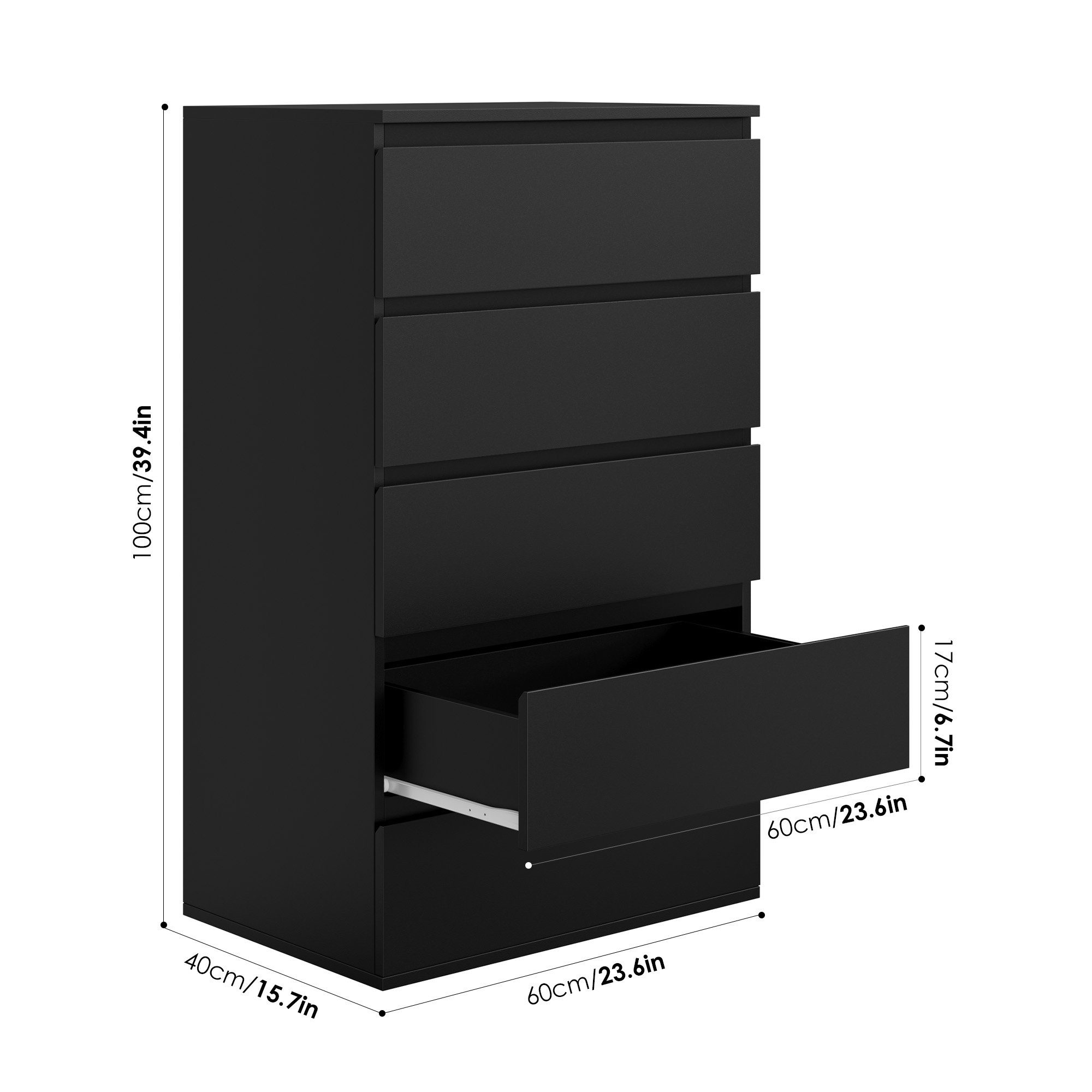 Homfa Kommode, Sideboard mit 5 Schubladen, Schubladenschrank schwarz, 60x40x100 cm