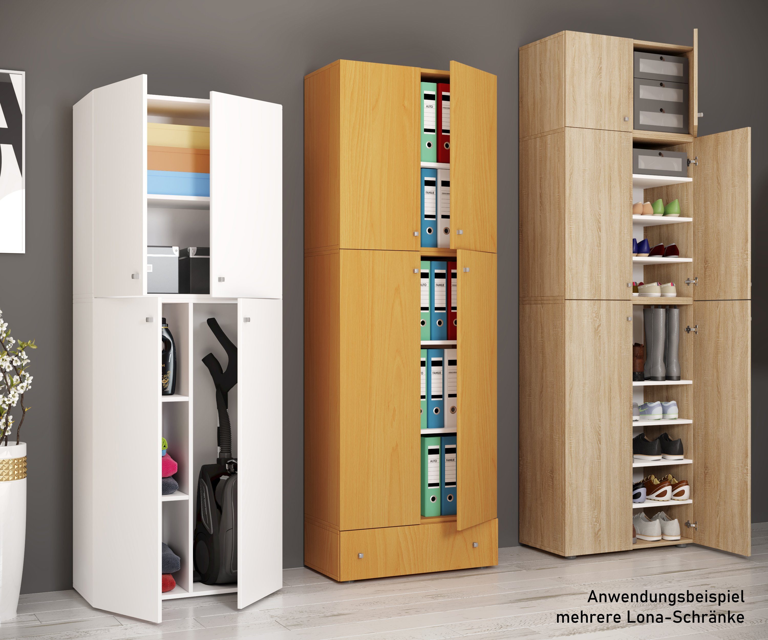 VCM Mehrzweckschrank Haushaltsschrank Lona H. 200 x B. 70 x T. 39 cm Holz Besenschrank, 6 Fächer, Extra Schublade