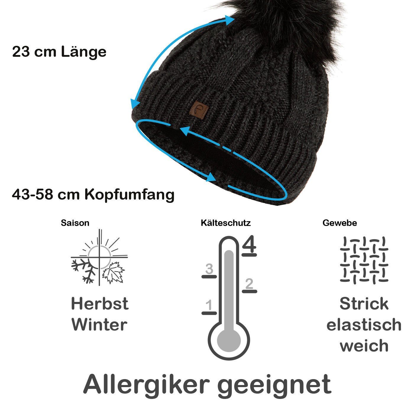 Wintermütze Faera Bommelmütze Strickmütze Beanie Herren Damen Mütze Haube gefüttert