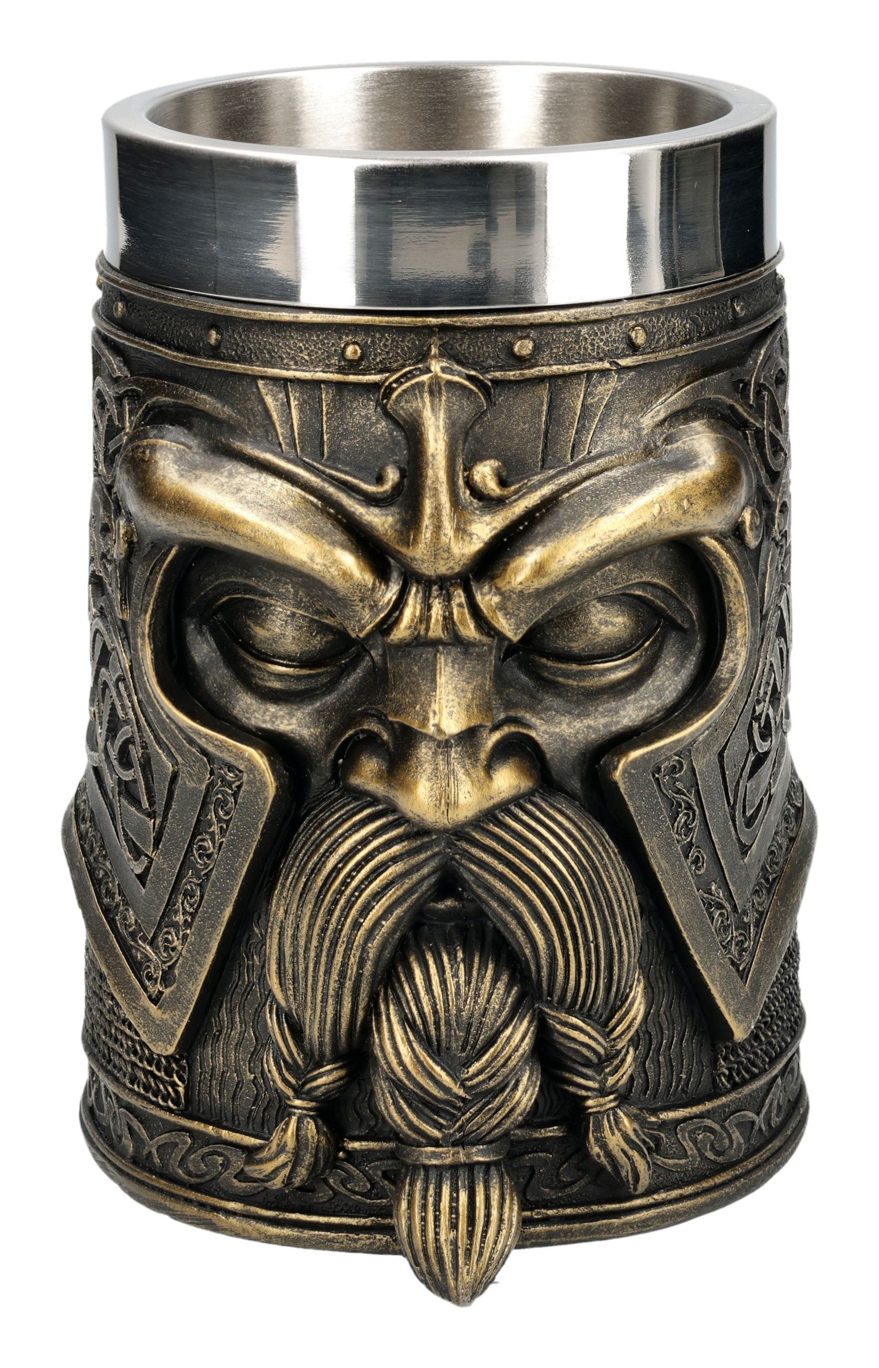 Figuren Shop GmbH Bierkrug Wikinger Krug Odin – Götter Kelch Fantasy Becher 500 ml Bierkrug Deko, Kunststein (Polyresin), Edelstahl