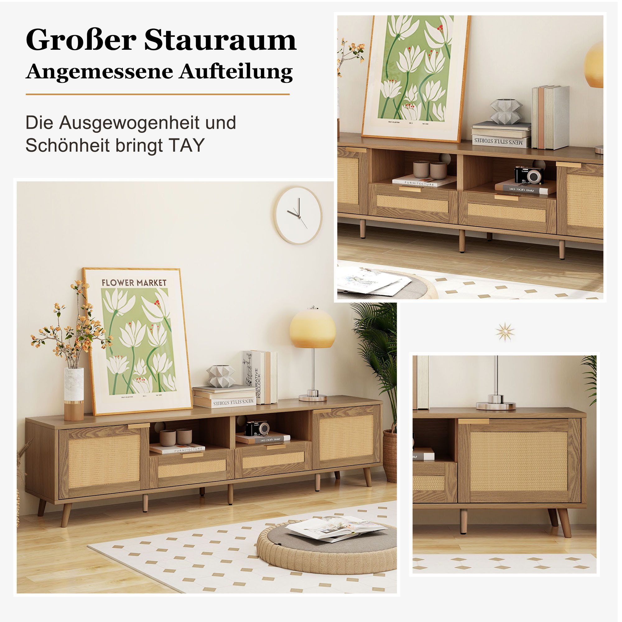 Celya TV-Schrank TV-Konsolentisch 200×37×49 cm, Kunststoff Rattan Design (Massivholz Füße TV-Ständer) Geflochtener Rattan-TV-Boards