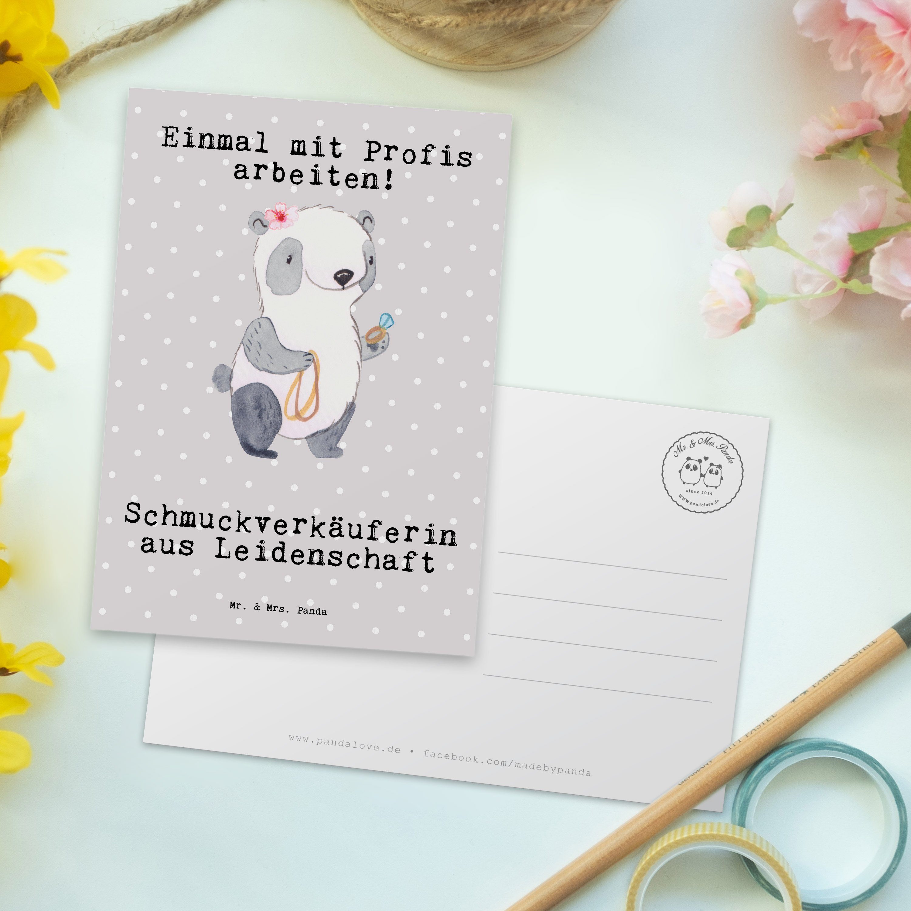 Einlad Pastell Schmuckverkäuferin & Leidenschaft Mr. Grau Geschenk, Postkarte aus Panda - Mrs. -