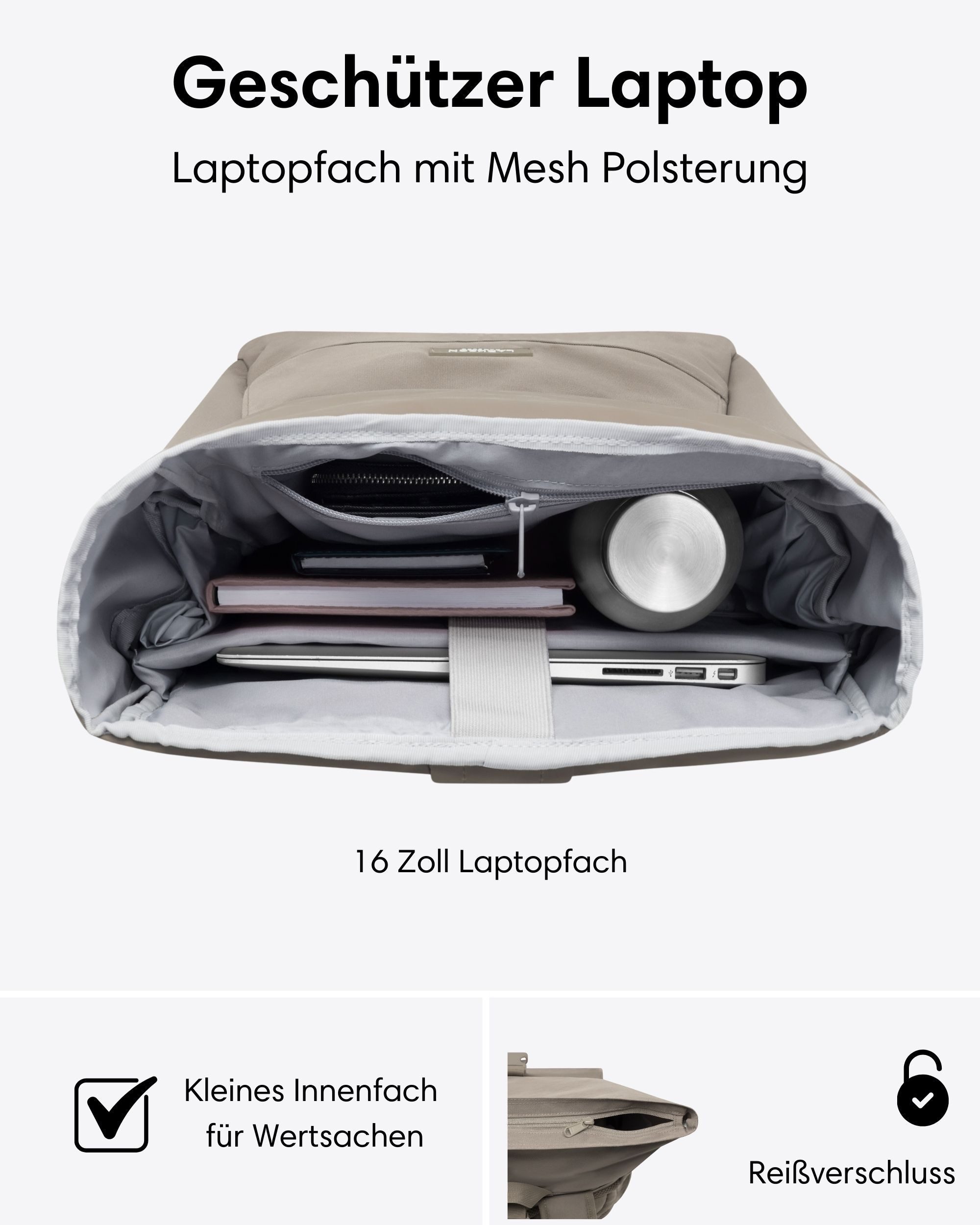 LARKSON Cityrucksack No 4 Large Rolltop Rucksack für Damen und Herren (1-tlg), Geräumiger Rolltop Rucksack für Reisen, Wasserabweisend