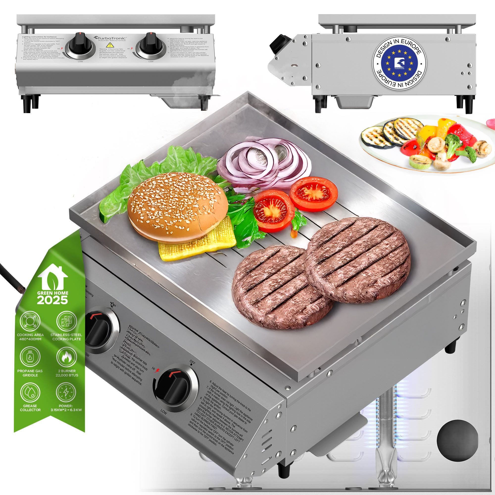 TurboTronic by Z-Line Gasgrill 6,3 kW Gas Grillplatte Edelstahl 2 Brenner Plancha Camping Balkon, 6,3kW (22.000 BTU), Piezo-Zündung, 46 × 40 cm Grillfläche, kleiner Gasgrill, Tischgasgrill, Gasbräter, Campinggrill, Balkongrill