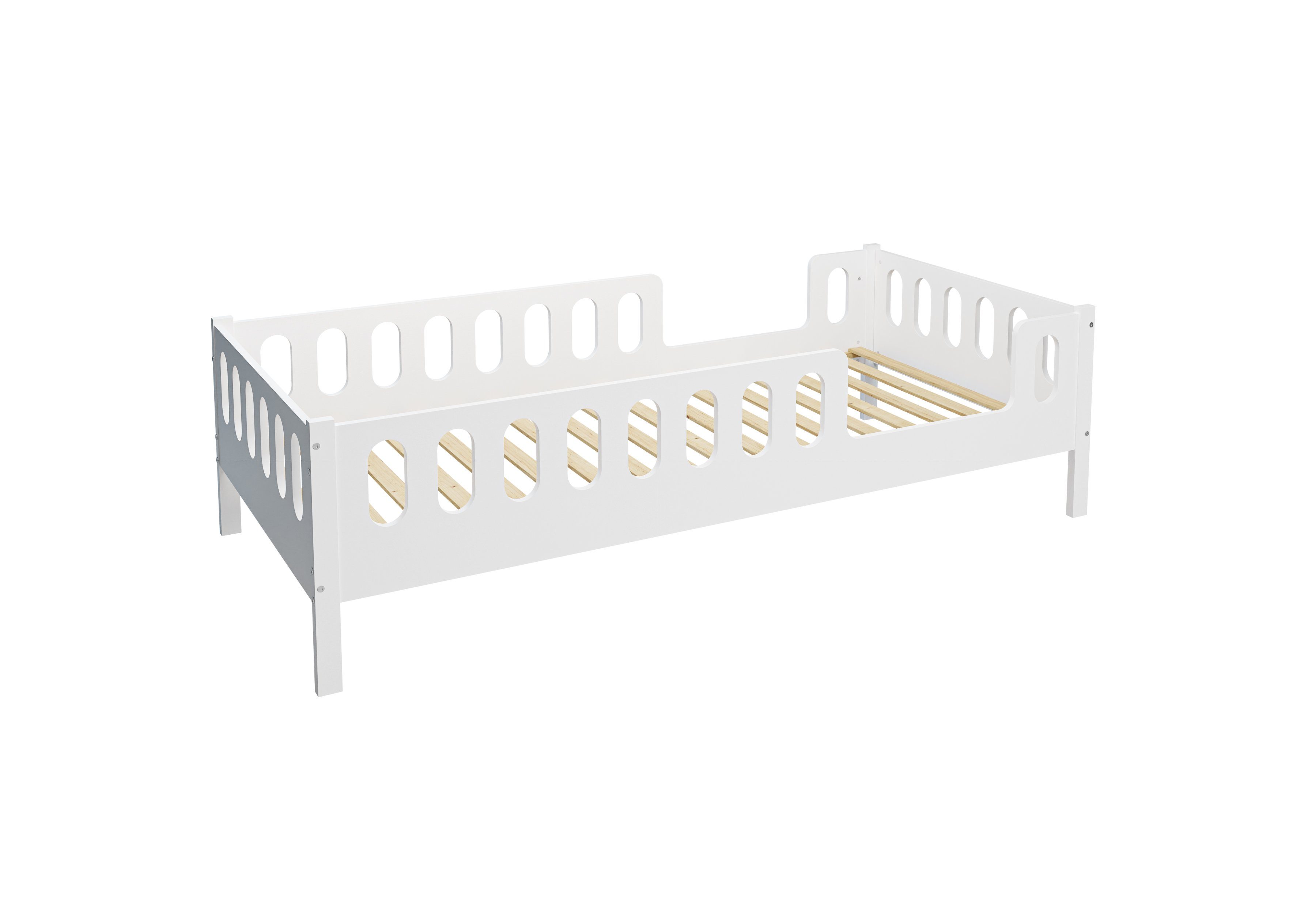 CADANI Kinderbett LARS 200x90 cm - Weiß (abnehmbarer Rausfallschutz), Bodenbett, einfache Montage, integrierter Lattenrost, Montessori