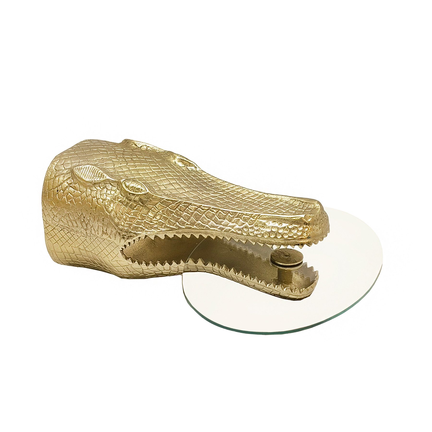 riess-ambiente Beistelltisch WILDLIFE CROCODILE 75cm gold – Krokodil-Form, Glasplatte, oval, Ablage (Einzelartikel, 1-St), Hängetisch mit Tierfigur - ideal für Schlaf-, Arbeits-, und Wohnzimmer