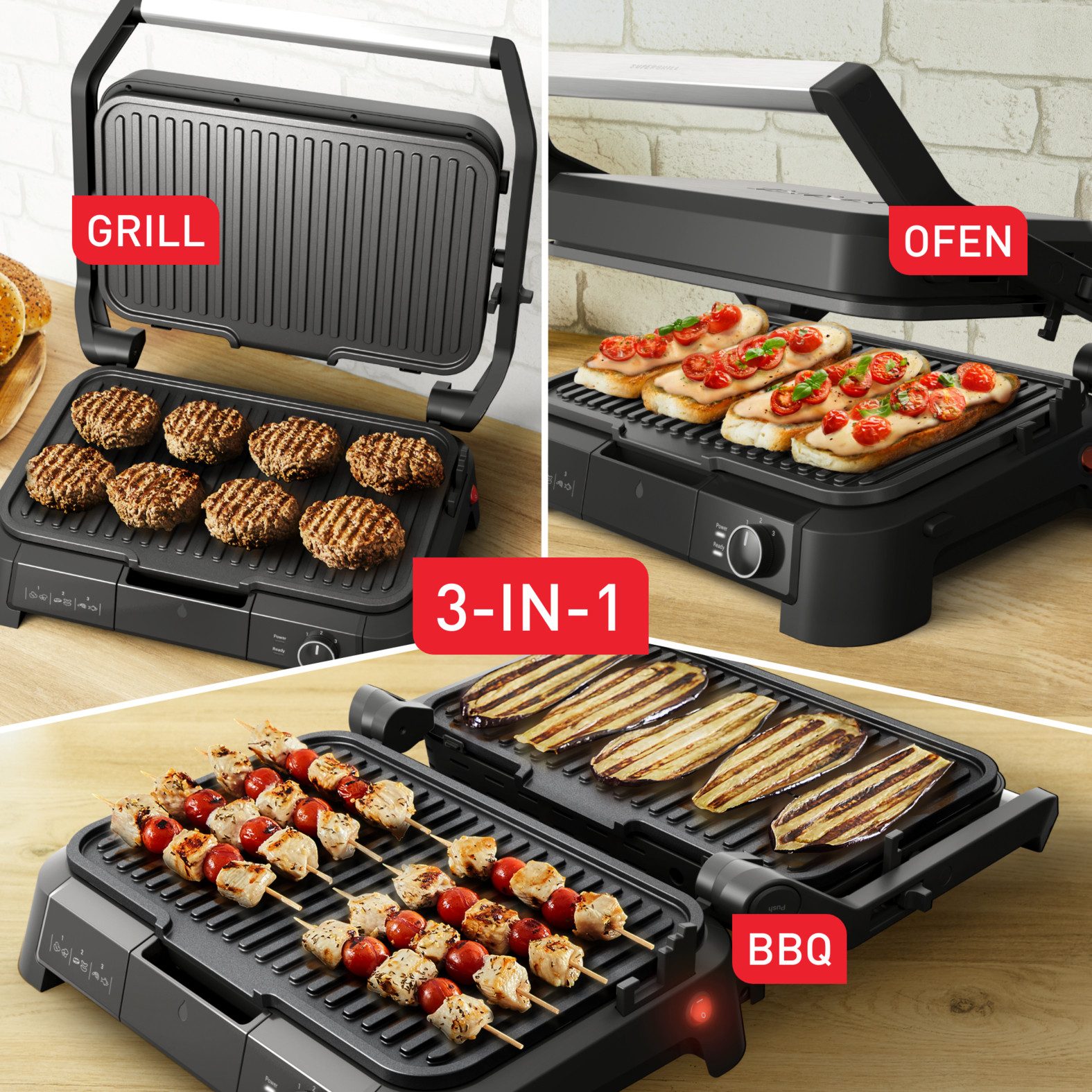 Tefal Kontaktgrill SuperGrill 3in1 XL, Grill, Barbeque-, Ofenposition, 3 Temperaturen, 2200 W, spülmaschinengeeignete Platten, Grillen für bis zu 8 Personen, GC520D