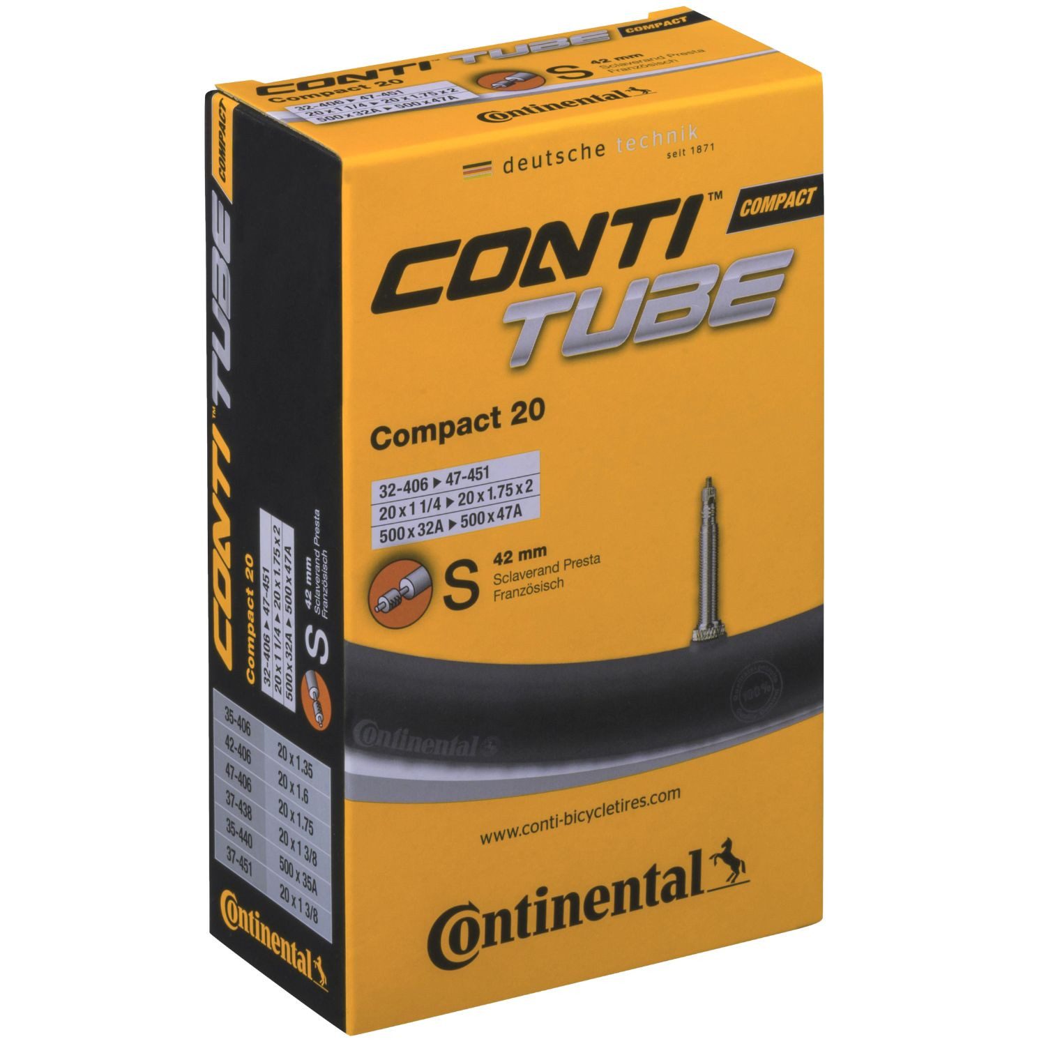 CONTINENTAL Fahrradschlauch Fahrrad-Schlauch 20 Zoll 32-406 47-451 SV 42mm, 20 Zoll (50,80 cm), (Packung, 1-St., 1 Stück), Schlauch Compact 20 mit SV-Ventil 42mm Größe: 20x 1 1/4 bis 1,75 135g