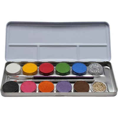 Eulenspiegel Theater Schminkpalette 12 Farben Kombi Metallpalette, mit 10 Farben, 2 Glitzer, für Karneval und Theater