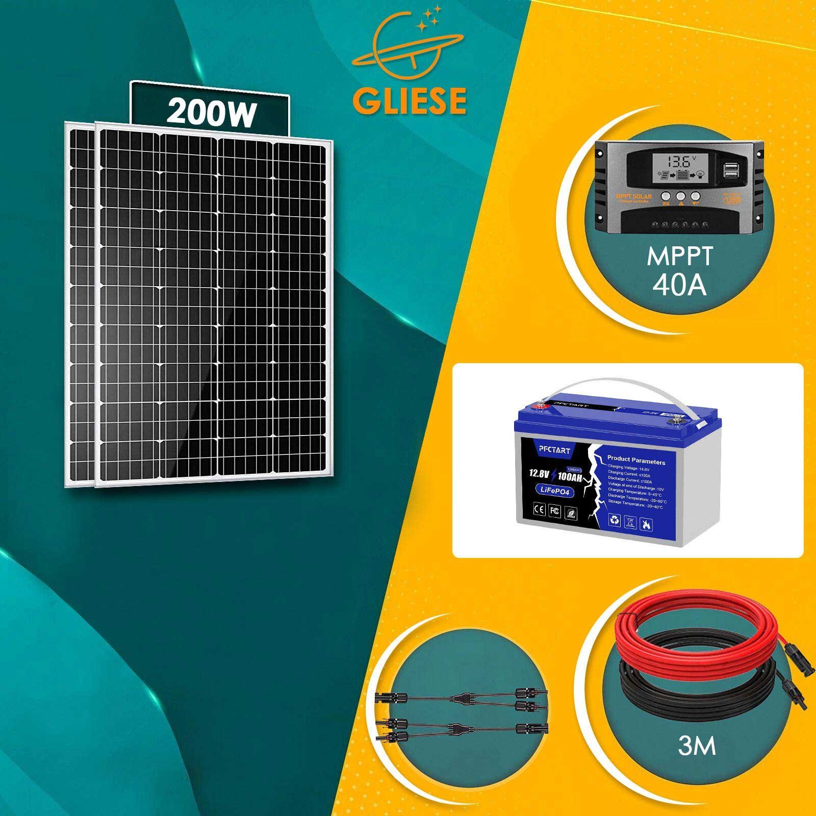 GLIESE Solarmodul 200W solaranlage komplettpaket, 100,00 W, Monokristallin, (Spar-Set, Solarmodul, Y Solarstecker, Solarkabel, Solar Laderegler, 100Ah Akku)