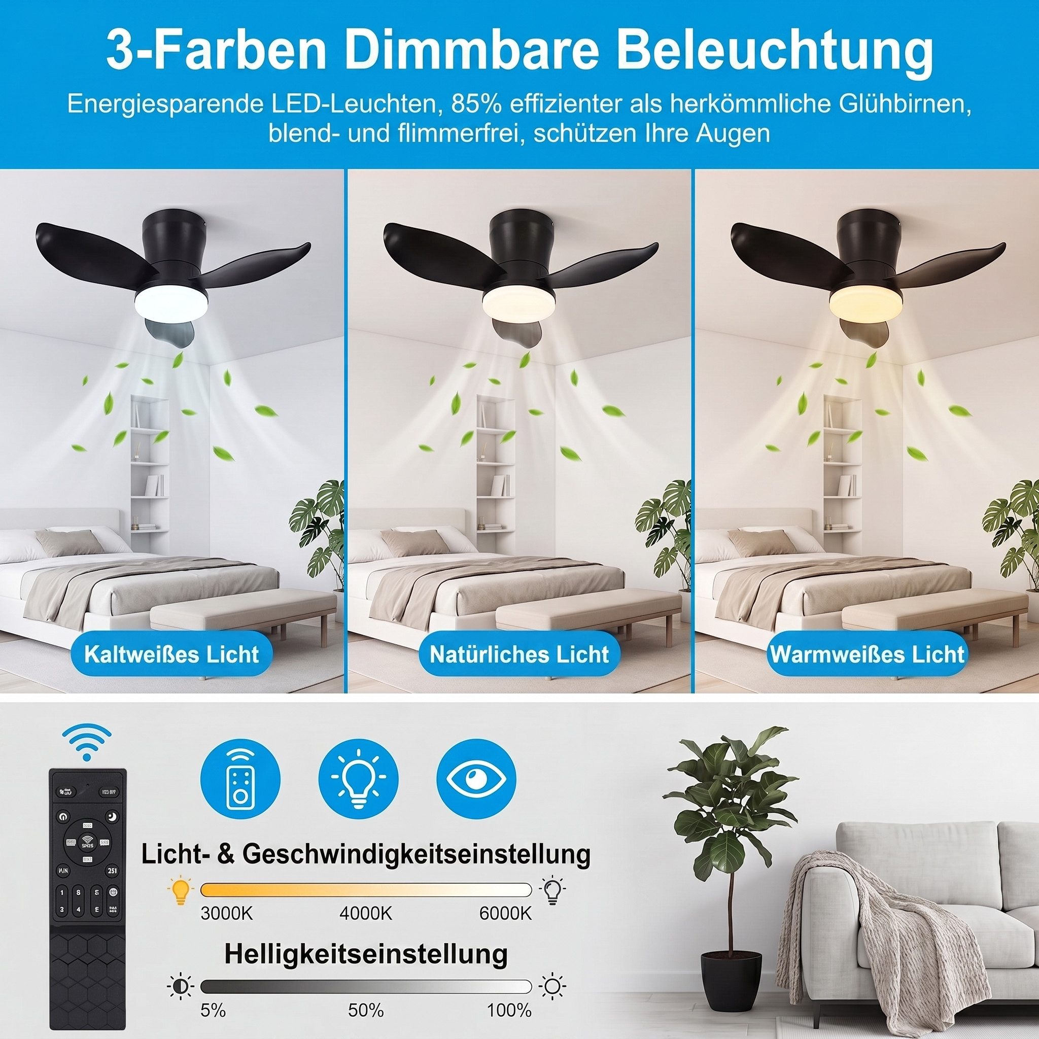 oyajia Deckenventilator 50W 3 Flügeln Deckenventilator mit Beleuchtung, LED Deckenleuchte 66cm, Dimmbare Deckenleuchte mit Fernbedienung für Schlafzimmer, Wohnz – Bild 5 von 5