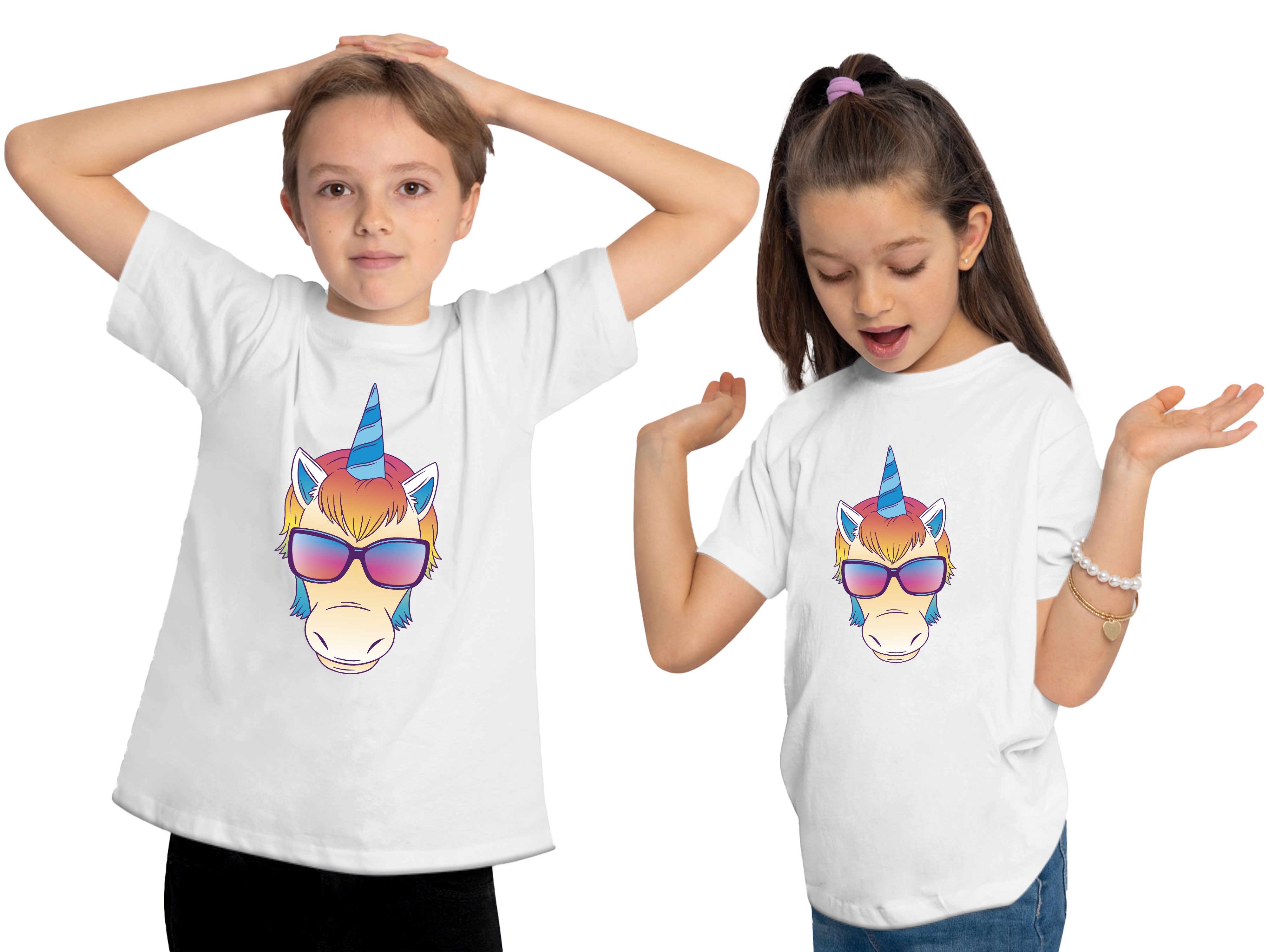 Aufdruck, mit mit Shirt - Kopf Einhorn i255 Kinder weiss Sonnenbrille bedruckt Baumwollshirt T-Shirt Print MyDesign24