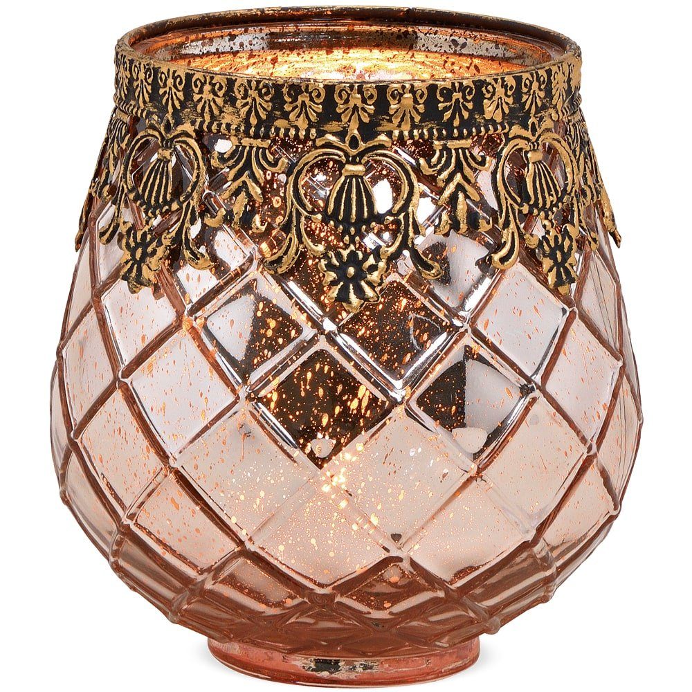 matches21 HOME & HOBBY Kerzenhalter Vintage Kerzenglas als Windlicht Laterne rot gold in 13 x 14 cm, Moderner Glas Kerzenhalter als Wohnzimmer Balkon Hochzeit Tisch-Deko