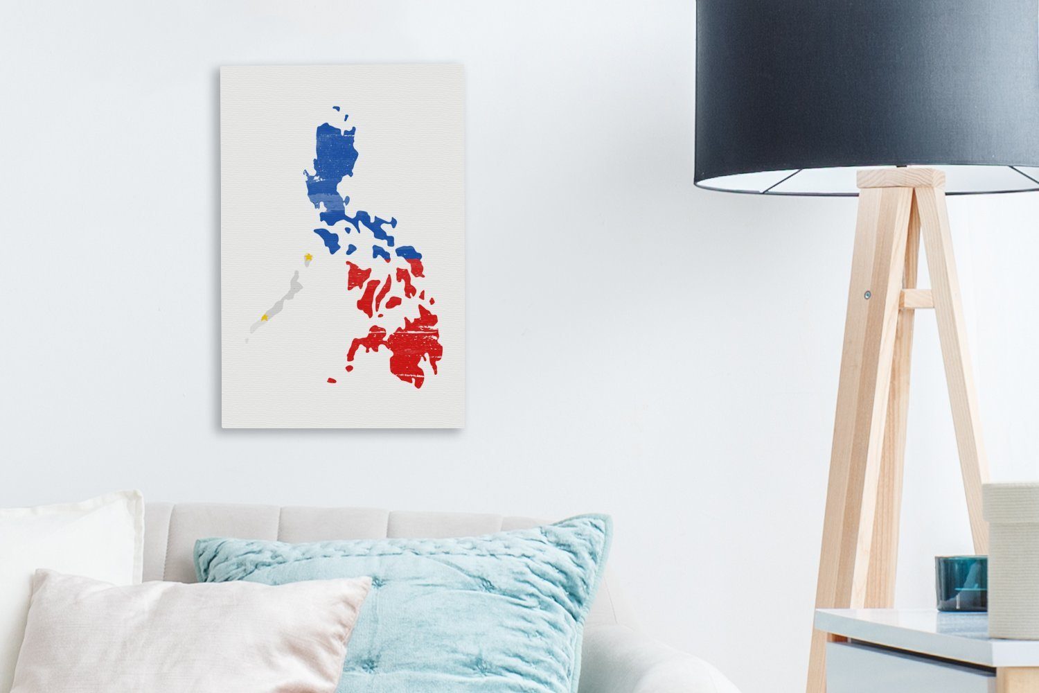 OneMillionCanvasses® Leinwandbild Karte mit Zackenaufhänger, 20x30 der St), inkl. cm (1 Leinwandbild Gemälde, bespannt fertig Philippinen, Flagge