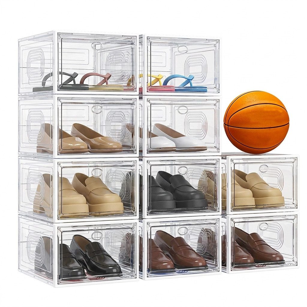 POPOLIC Schuhkiste 6/9/10 Stück Schuhboxen stapelbar Schuhboxen aus klarem Kunststoff (Hartplastik Schuhbox mit Deckel, 10 St., Schuhorganisatoren mit Magnettür für Größe 46 - Hartplastik), faltbar und stapelbar, für Stöckelschuhe,Pumps, Schuhaufbewahrung