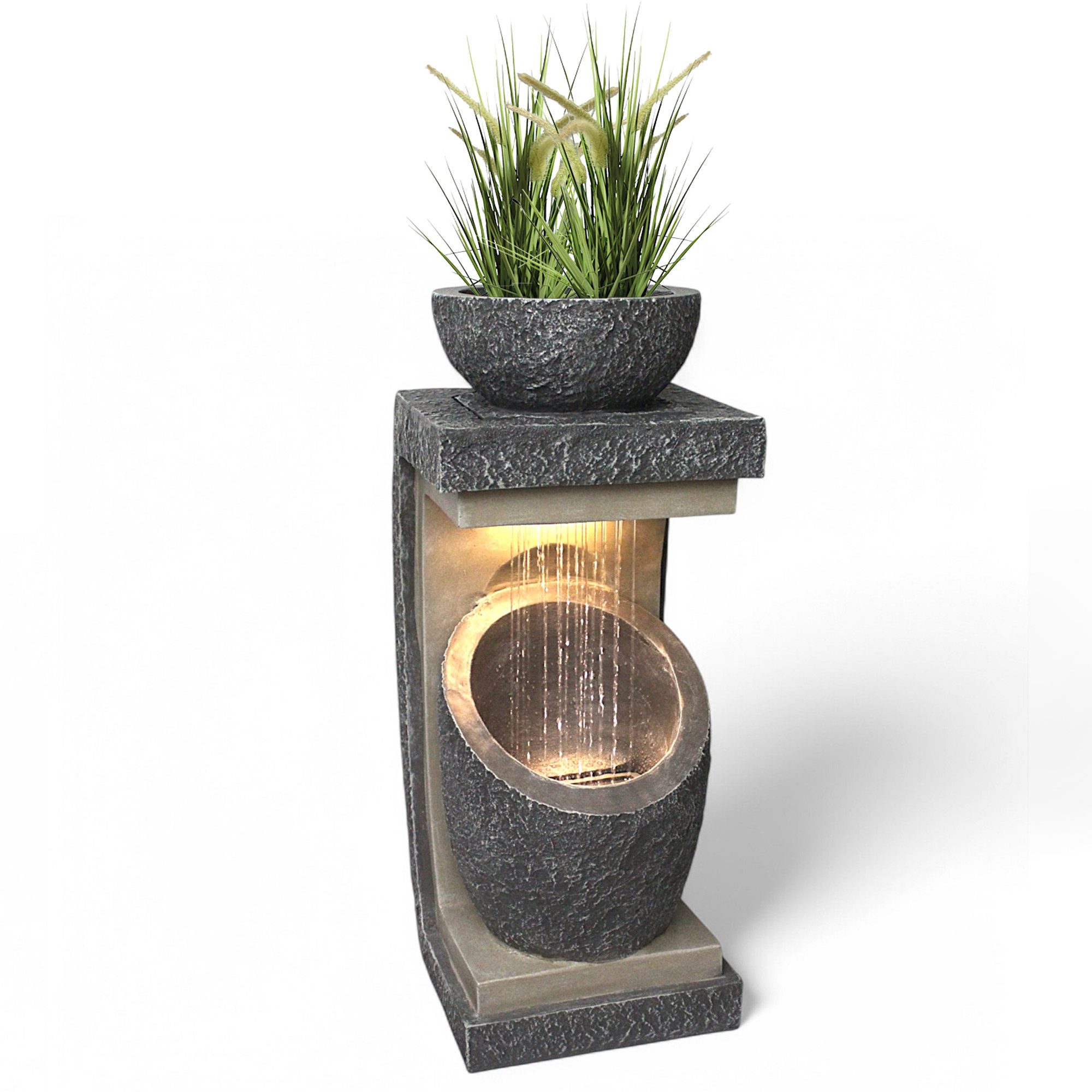 Arnusa Gartenbrunnen moderner Springbrunnen mit LED Beleuchtung bepflanzbar Steinoptik 81cm, Große Gartendekoration für den Innen- und Außenbereich