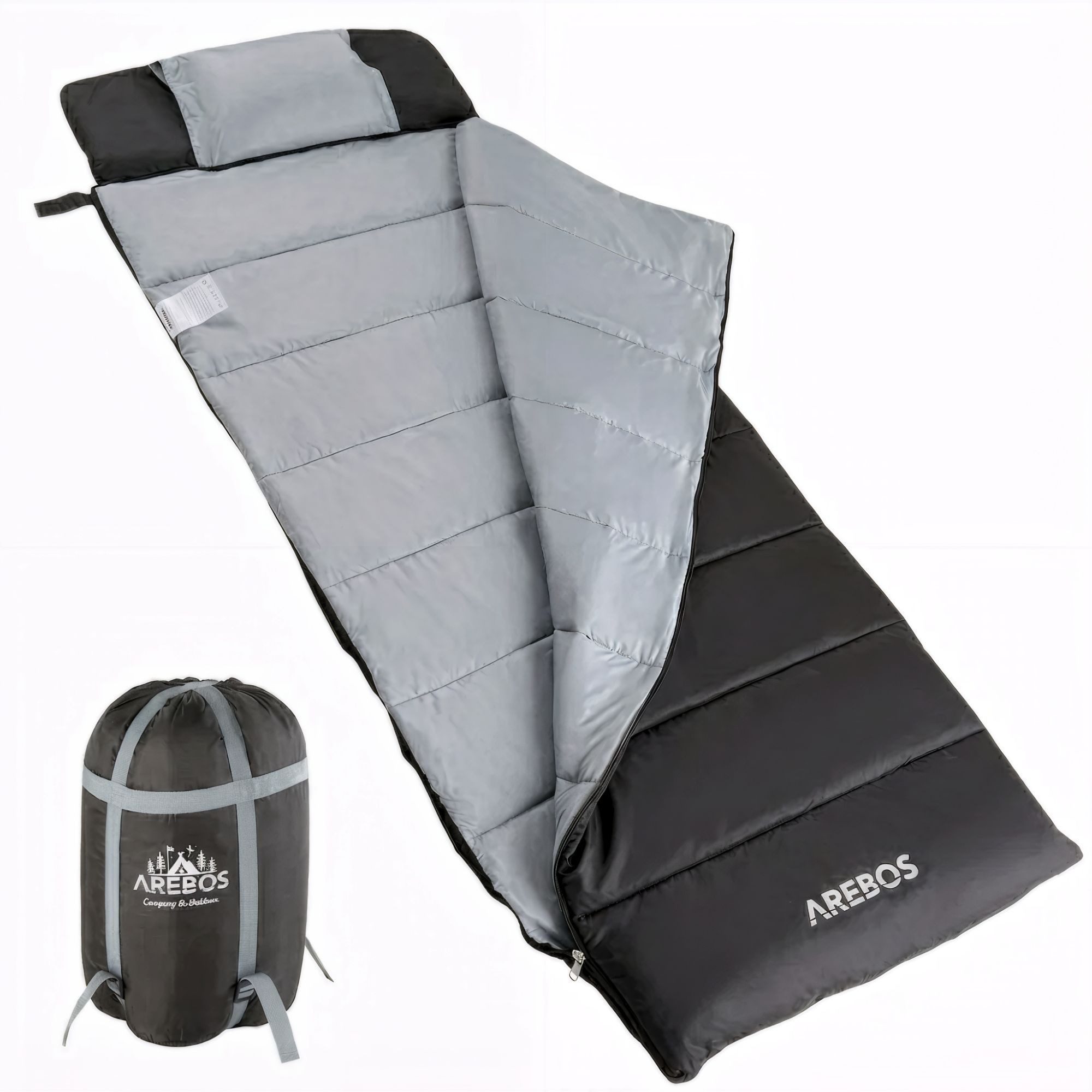 Arebos Deckenschlafsack Schlafsack 220x83 cm mit Kissen & Decke 0-25°C Schwarz (Schlafsack mit Kissen und Decke), Integriertes Kissen, herausnehmbare Fleecedecke, 0–25 °C, Innenfach