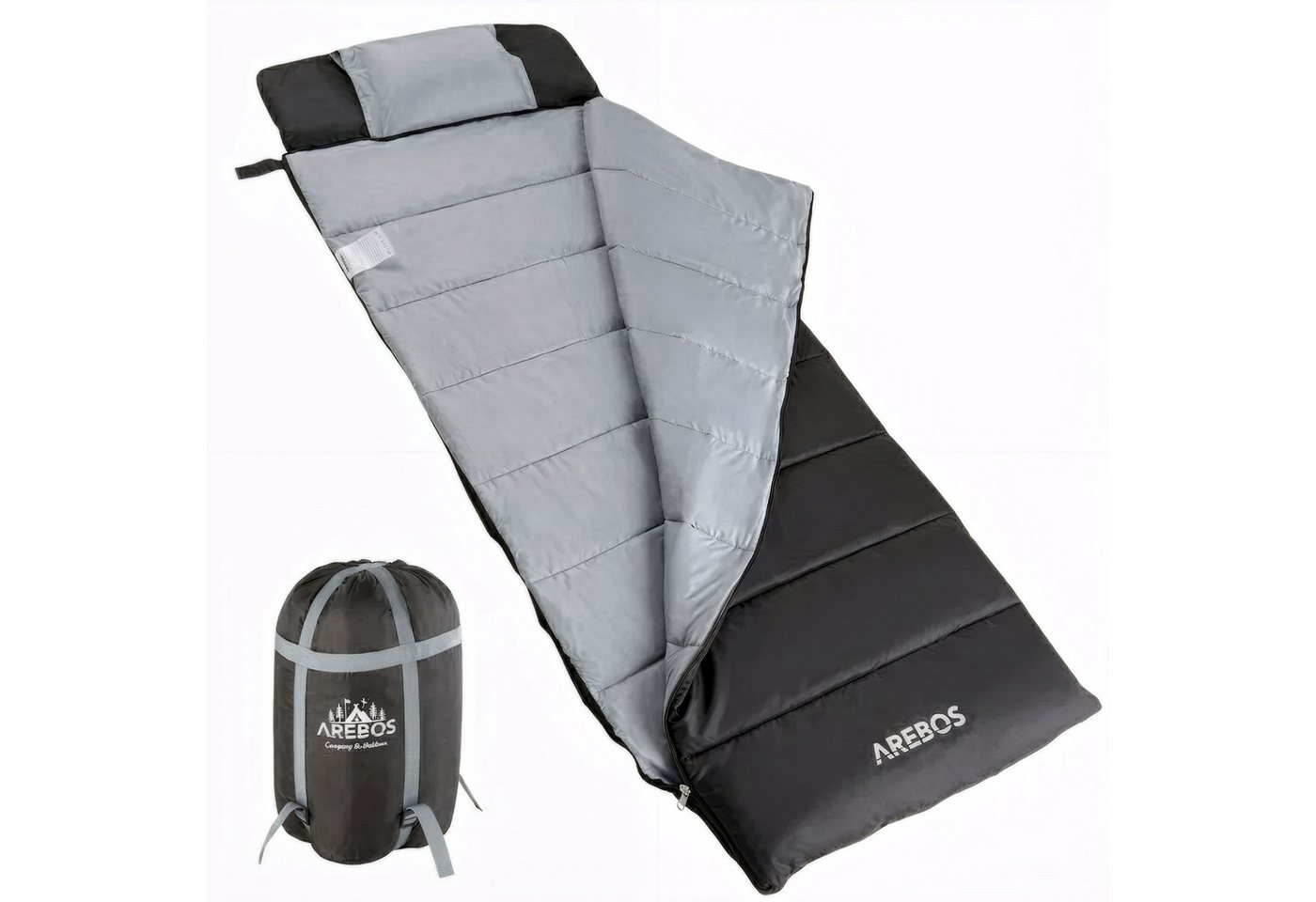 Arebos Deckenschlafsack Schlafsack 220x83 cm mit Kissen & Decke 0-25°C Schwarz (Schlafsack mit Kissen und Decke), Integriertes Kissen, herausnehmbare Fleecedecke, 0–25 °C, Innenfach