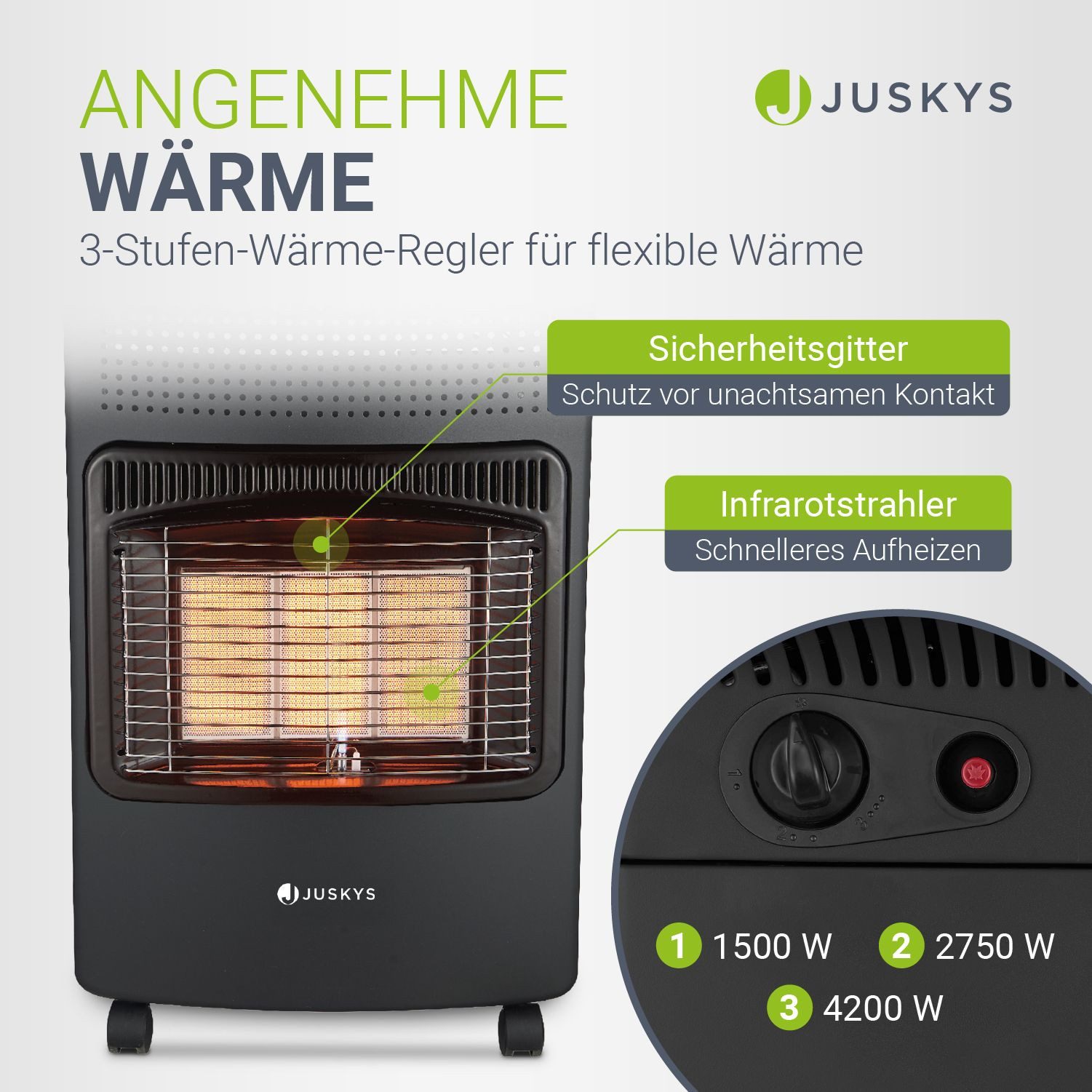 Juskys Heizstrahler GS42US, 4200 W, stark und energiesparend, 3-Stufen-Wärme-Regler, Gasflaschenhalterung