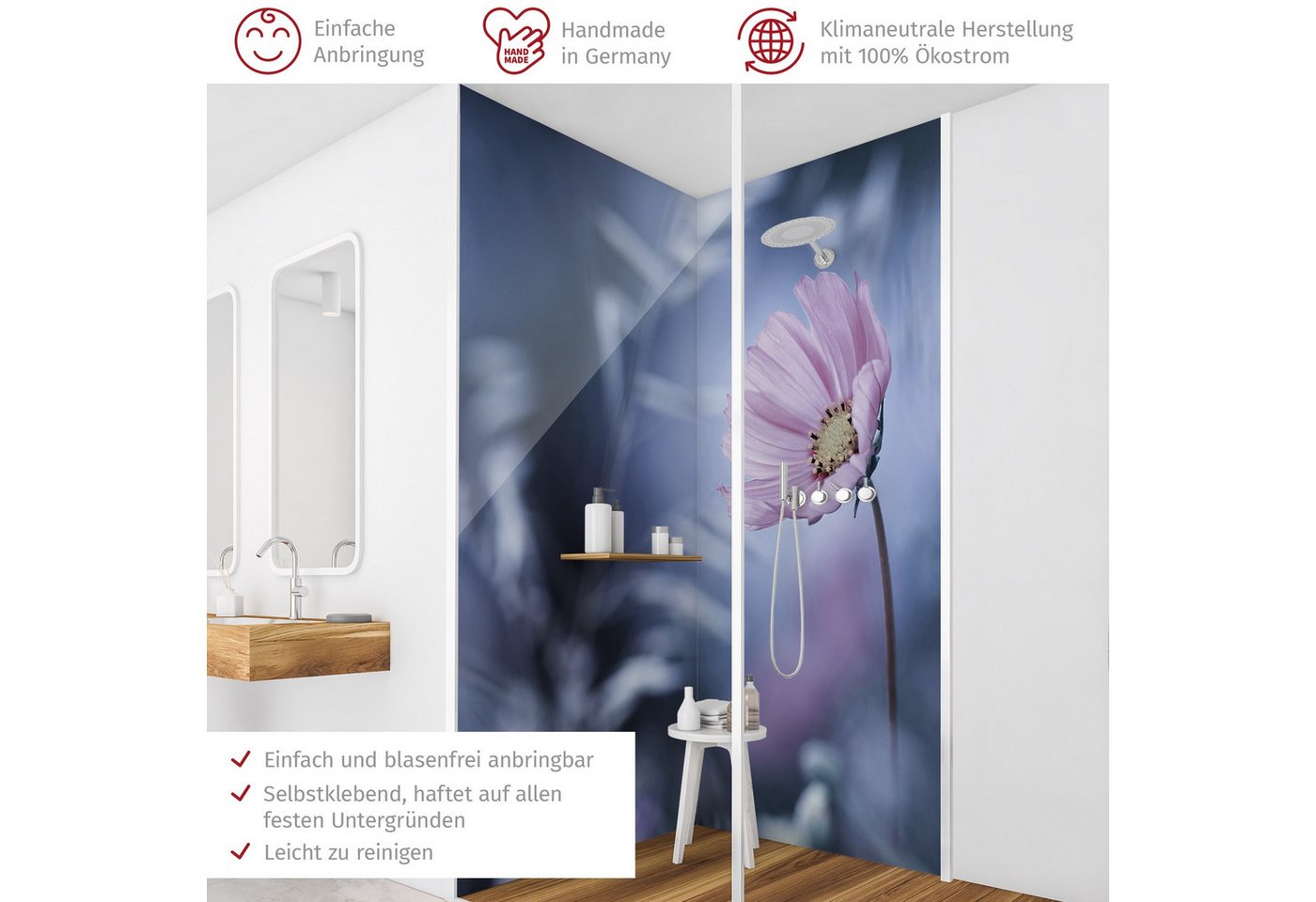Thumbnail - Bilderdepot24 Badrückwand Blumen violett Duschrückwand ohne Bohren Dusche, (2-tlg., Hart-Folie Premium matt 0,61 mm), fu...