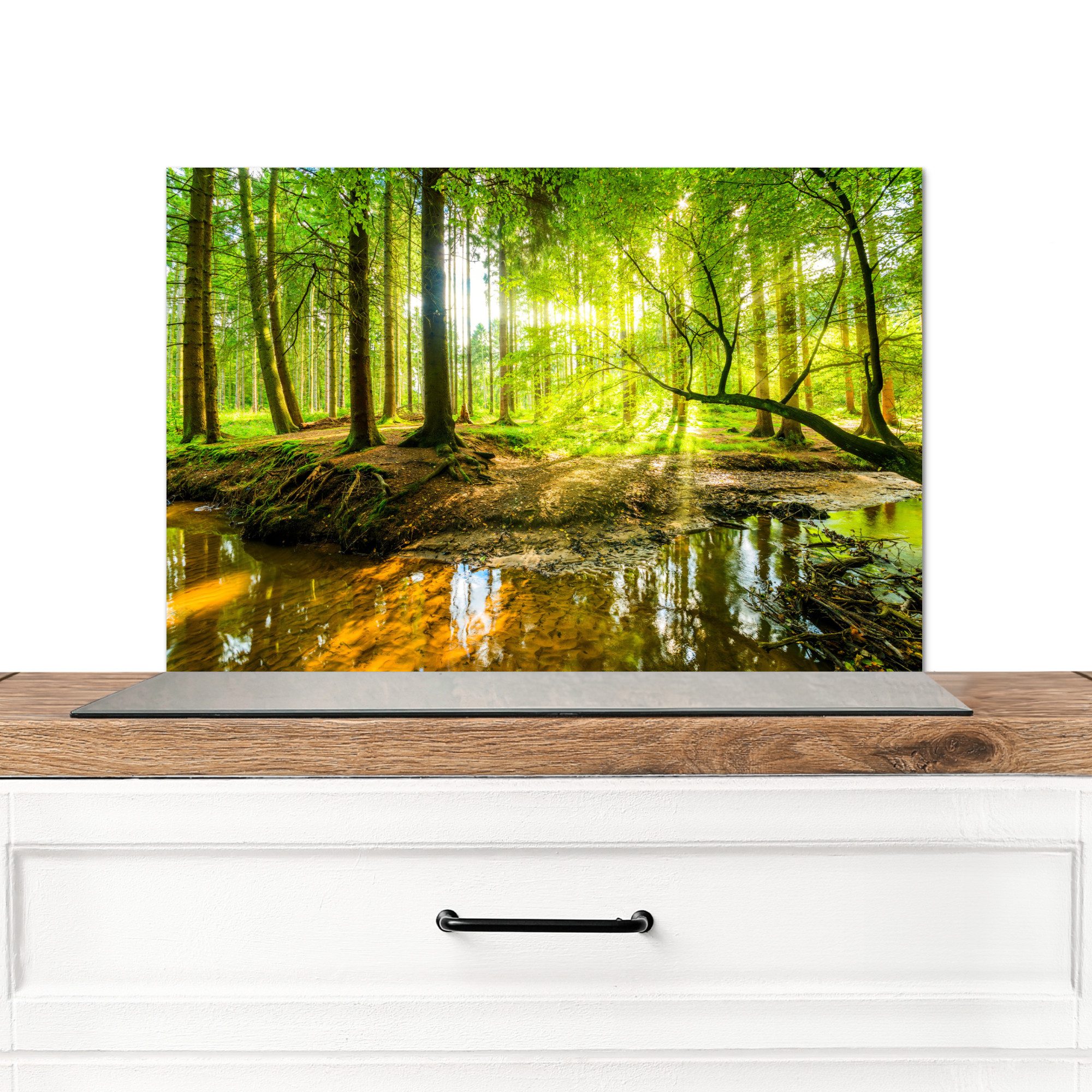 KitchenYeah Küchenrückwand Wald - Landschaft - Wasser - Bäume - Sonne - Grün - Natur, (1-tlg), Spritzschutz Küche, Küchendeko, 60x40 cm