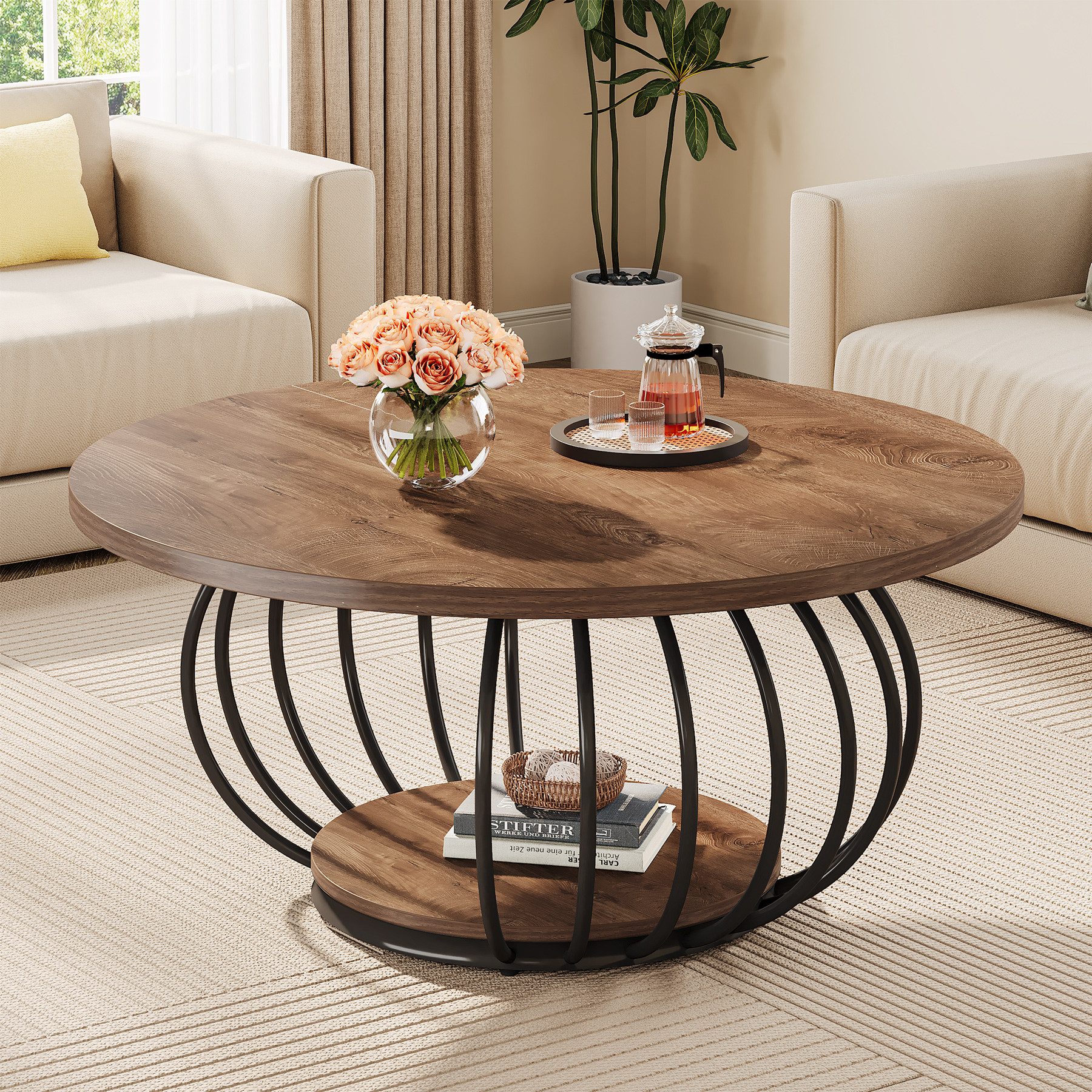 Tribesigns Couchtisch 100 cm Runder Wohnzimmertisch mit Stauraum, 2-stöckiger Metallrahmen